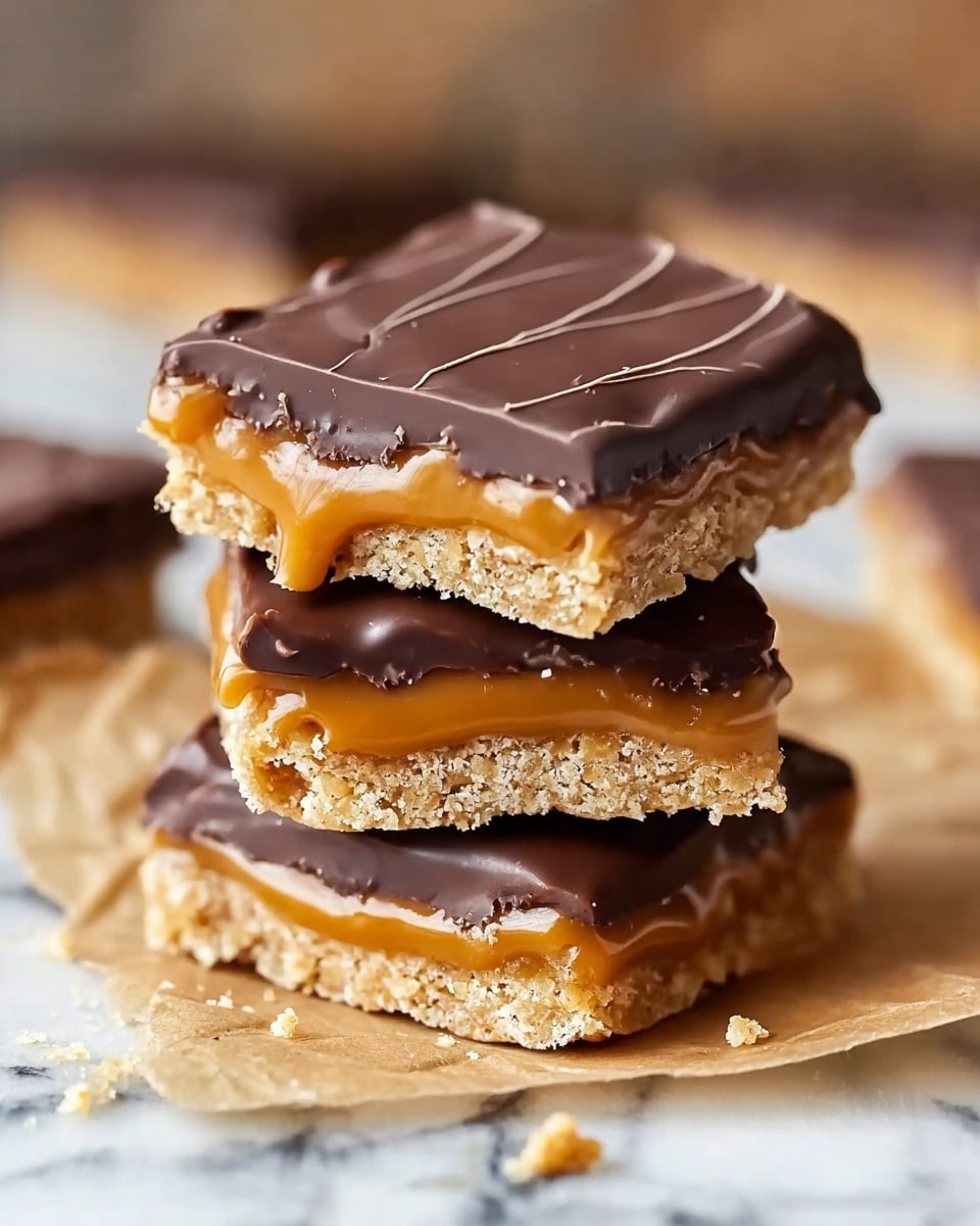 Three stacked crispy square treats are shown on a piece of parchment paper over a white marbled surface. Each treat has three layers: a rough-textured light brown cracker on the bottom, a thick smooth caramel layer in the middle, and a shiny, dark chocolate coating on top with subtle lines creating a pattern. The caramel peeks out slightly from the sides, and a few cracker crumbs are scattered around. The photo taken with an iphone --ar 4:5 --v 7