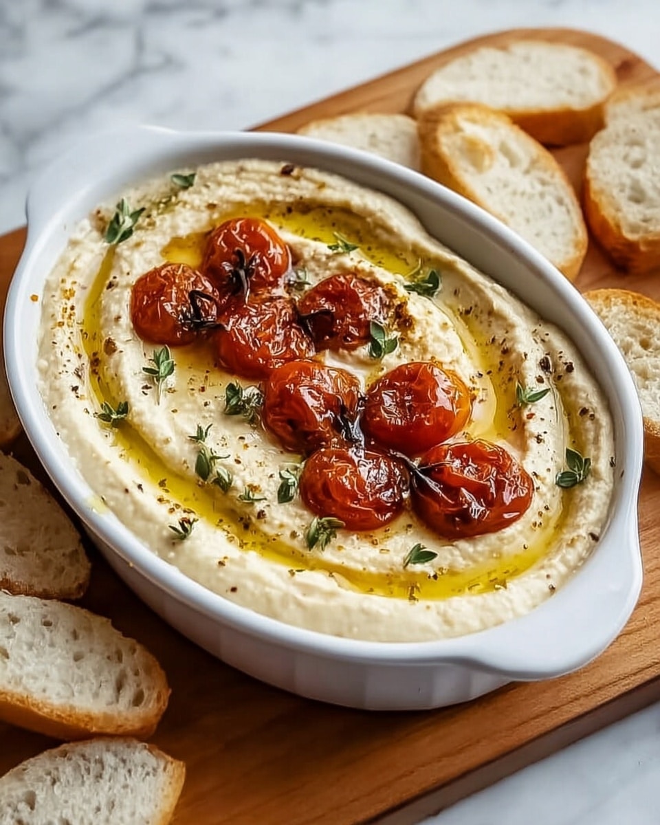 A white oval dish filled with two layers of creamy hummus; the bottom layer is smooth and pale beige, topped by a slightly swirled top layer of hummus with a creamy texture and light golden oil drizzled in circles. On top, there are five roasted cherry tomatoes, deep red with a wrinkled, shiny skin. Small green herb sprigs are scattered around the tomatoes, with a few black pepper flakes sprinkled over the whole dish. The dish sits on a wooden board with pieces of white bread around it, all set on a white marbled surface. Photo taken with an iphone --ar 4:5 --v 7