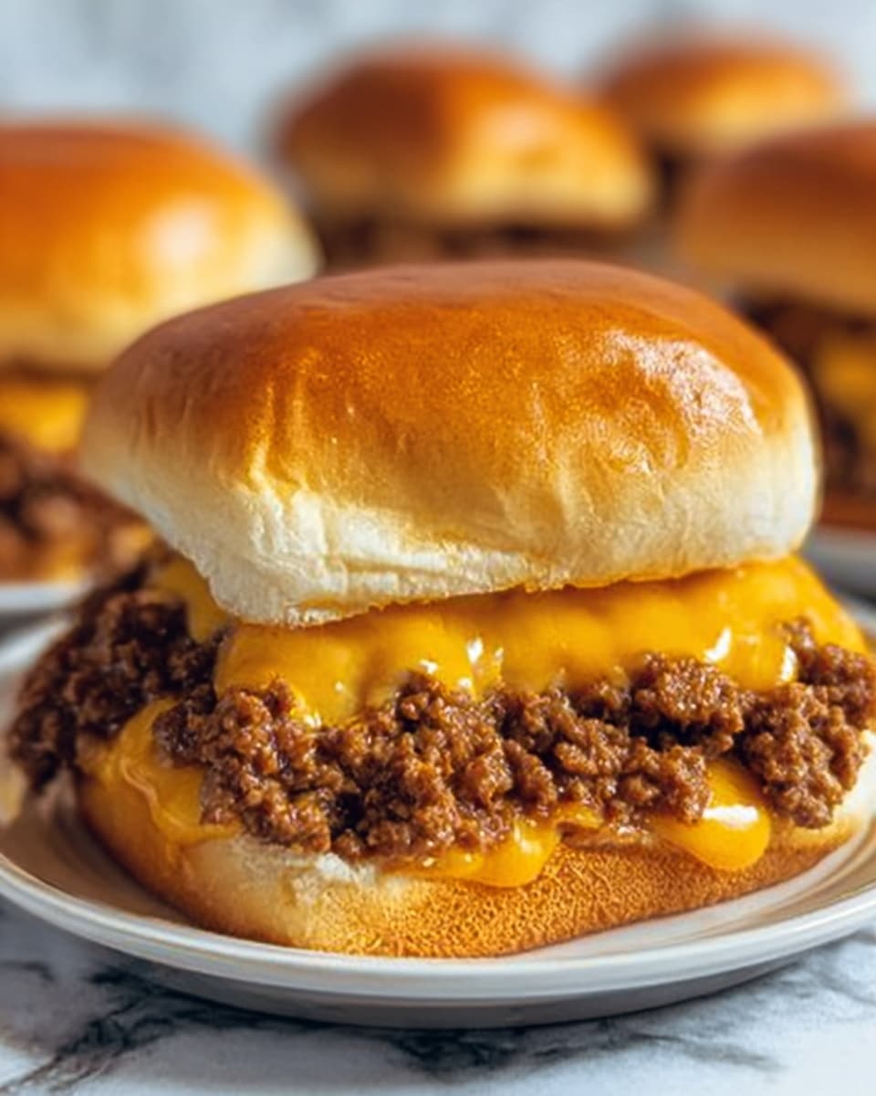 The image shows a close-up of a cheeseburger with three visible layers. The top layer is a shiny, smooth, golden-brown bun with soft texture. Below it is a thick layer of crumbled ground beef mixed with melted yellow cheddar cheese that looks gooey and creamy, slightly oozing out the sides. The bottom layer is a soft, light brown bun that appears fresh and fluffy. The burger is placed on a white plate with some more toppings or burgers blurred in the background, all on a white marbled surface. Photo taken with an iphone --ar 4:5 --v 7