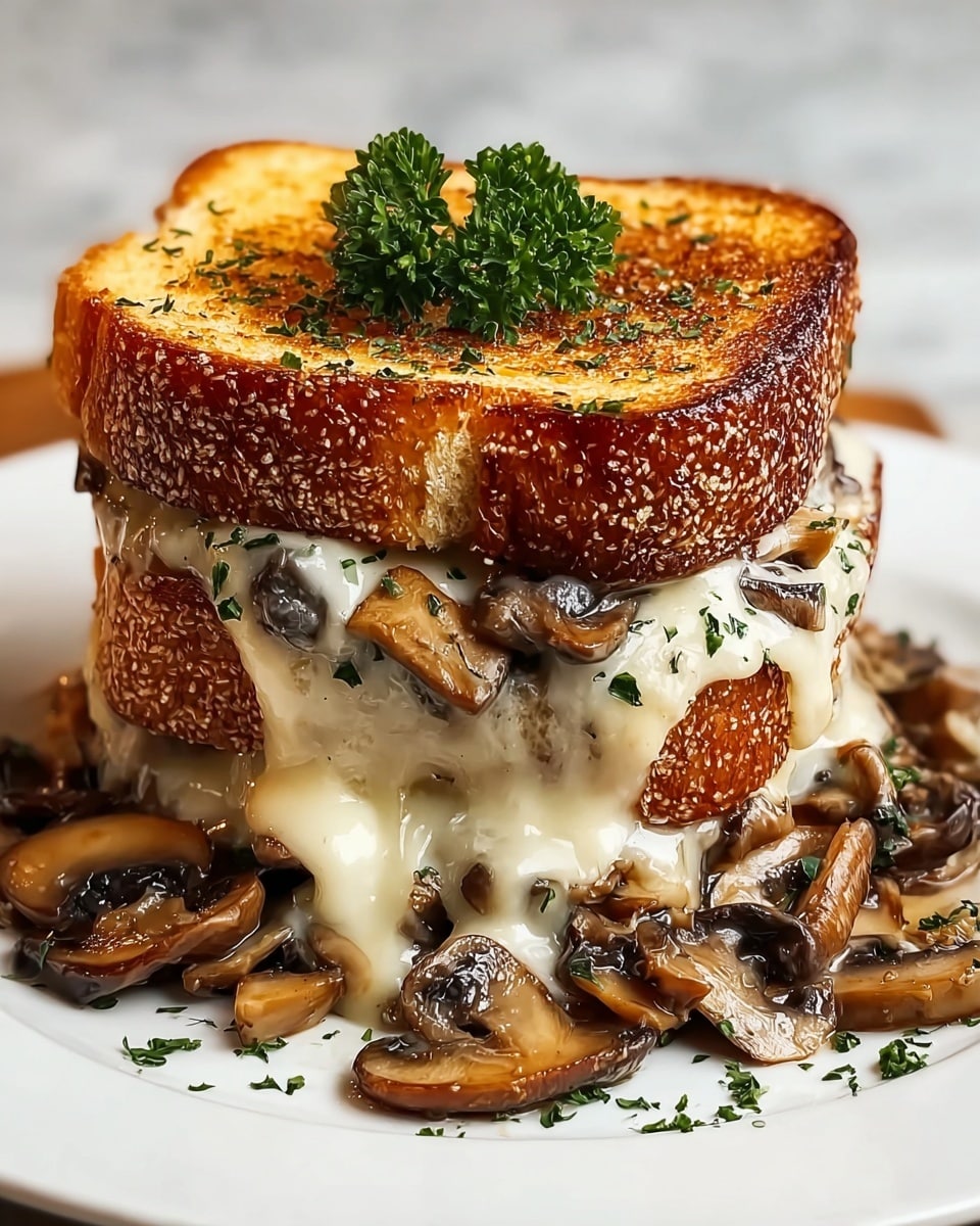 A thick grilled sandwich stands in the center on a white plate against a white marbled texture background. The sandwich has two outer layers of golden-brown toasted bread with a crispy texture, sprinkled lightly with chopped herbs. Between the slices, there is a thick layer of melted creamy cheese that flows out over the edges, mixed with cooked, sliced mushrooms that are glossy and browned. The mushrooms also spread around the base of the sandwich, adding a rich texture and earthy color. On top, a small bunch of fresh green parsley decorates the sandwich. photo taken with an iphone --ar 4:5 --v 7