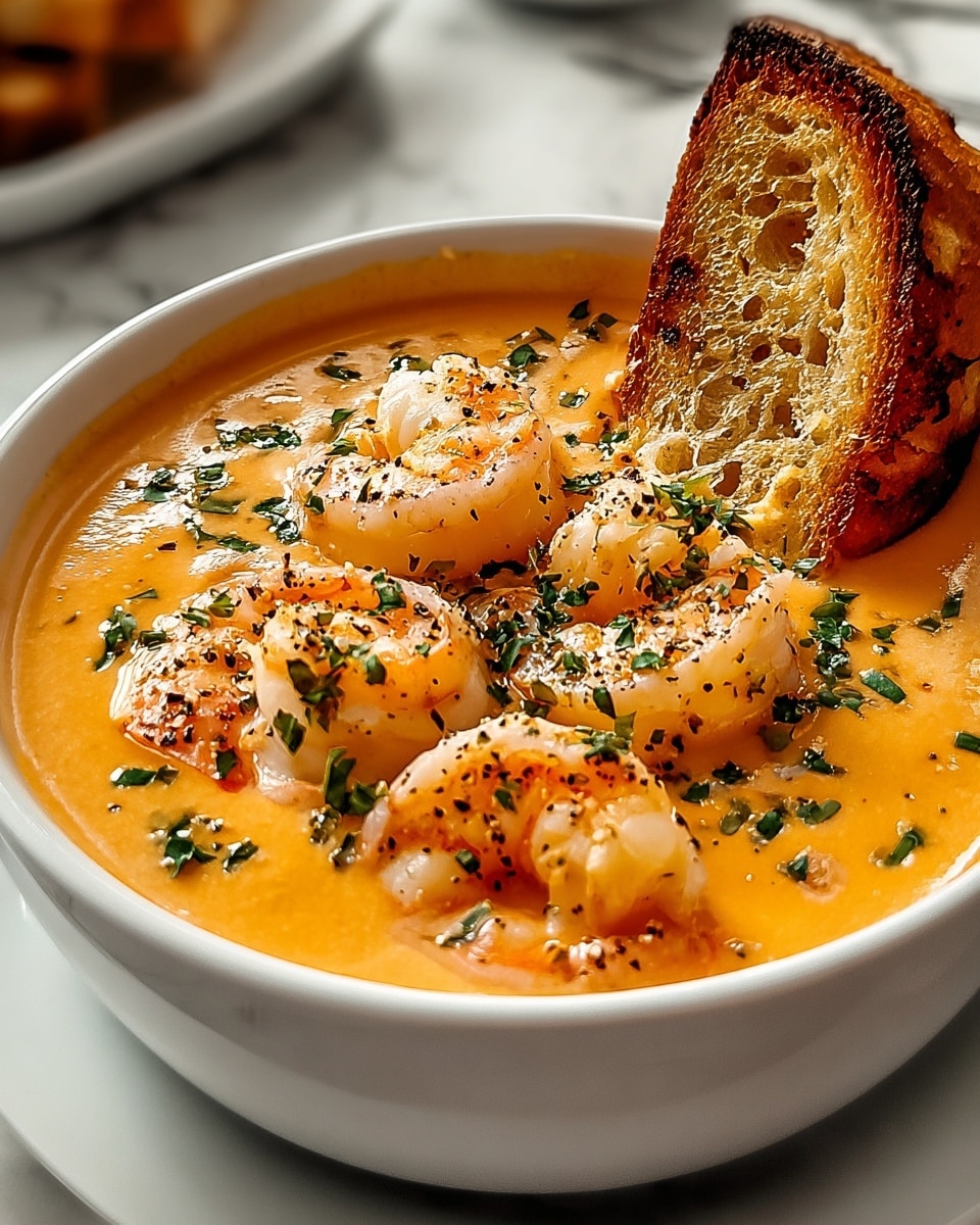 A white bowl filled with creamy orange shrimp bisque topped with whole cooked shrimp, sprinkled with chopped green herbs and cracked black pepper. A slice of golden toasted bread is placed standing on the right edge of the bowl. The bowl sits on a white plate over a white marbled surface, with soft natural light highlighting the smooth texture of the soup and the tender shrimp pieces. photo taken with an iphone --ar 4:5 --v 7