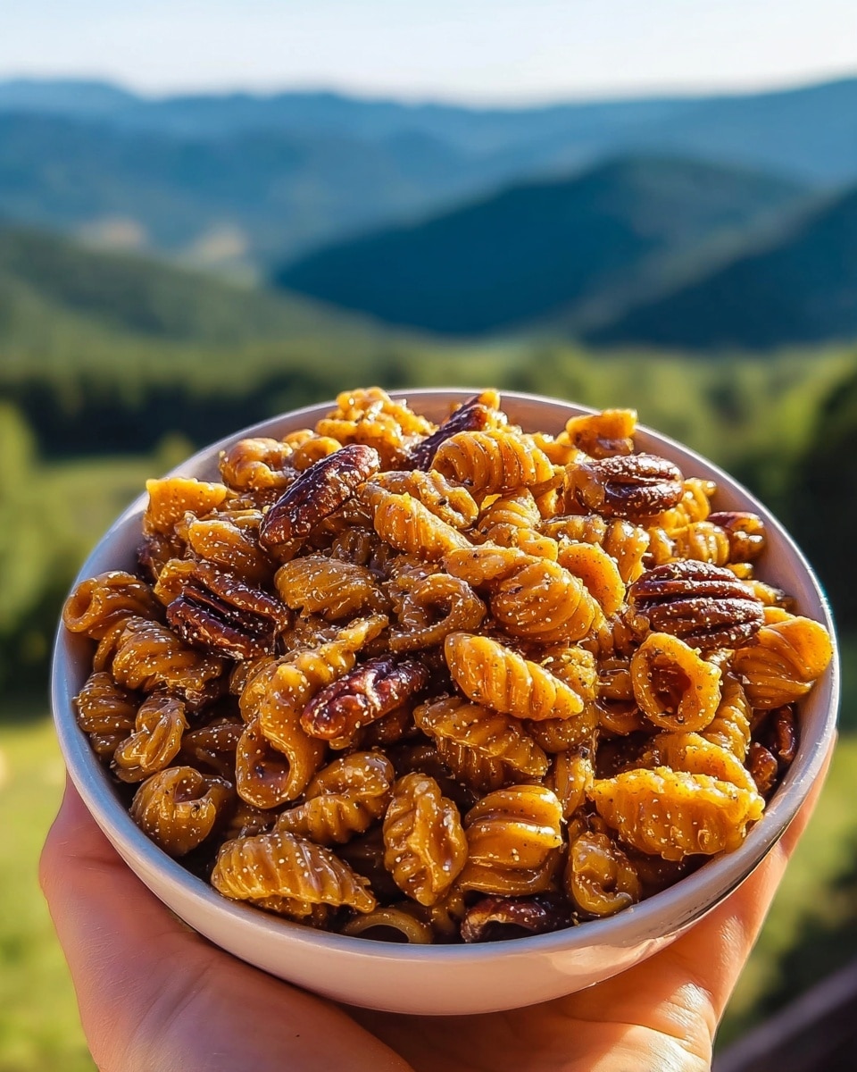 A white bowl filled to the top with a mix of glossy, golden-brown pieces that look like bright honey-coated pasta shells and dark brown pecans, the textures showing a shiny, sticky coating. The bowl is held by a woman's hand, and the background features soft green hills that are out of focus. The overall image has a warm, sunny light highlighting the sweet treat inside the bowl. photo taken with an iphone --ar 4:5 --v 7