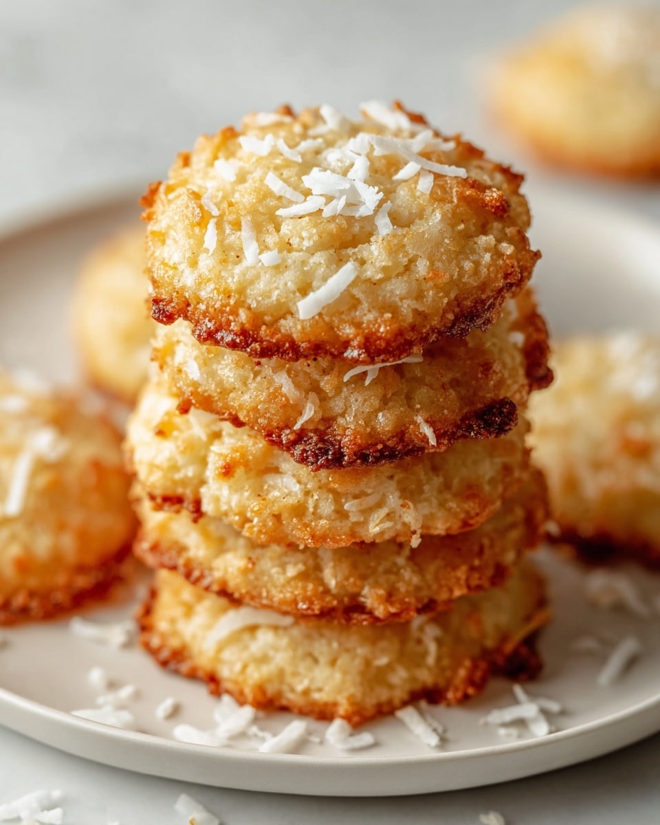 A close-up view of a stack of six golden brown cookies on a white plate, each cookie sprinkled with white coconut flakes that add texture and a bit of shine. The cookies have a slightly rough surface and crisp, slightly darker edges, showing their freshly baked quality. Around the plate, there are a few loose coconut flakes scattered on a white marbled surface, giving a light and clean background. The focus is tight on the cookies, highlighting their crumbly texture and the coconut pieces on top. photo taken with an iphone --ar 4:5 --v 7