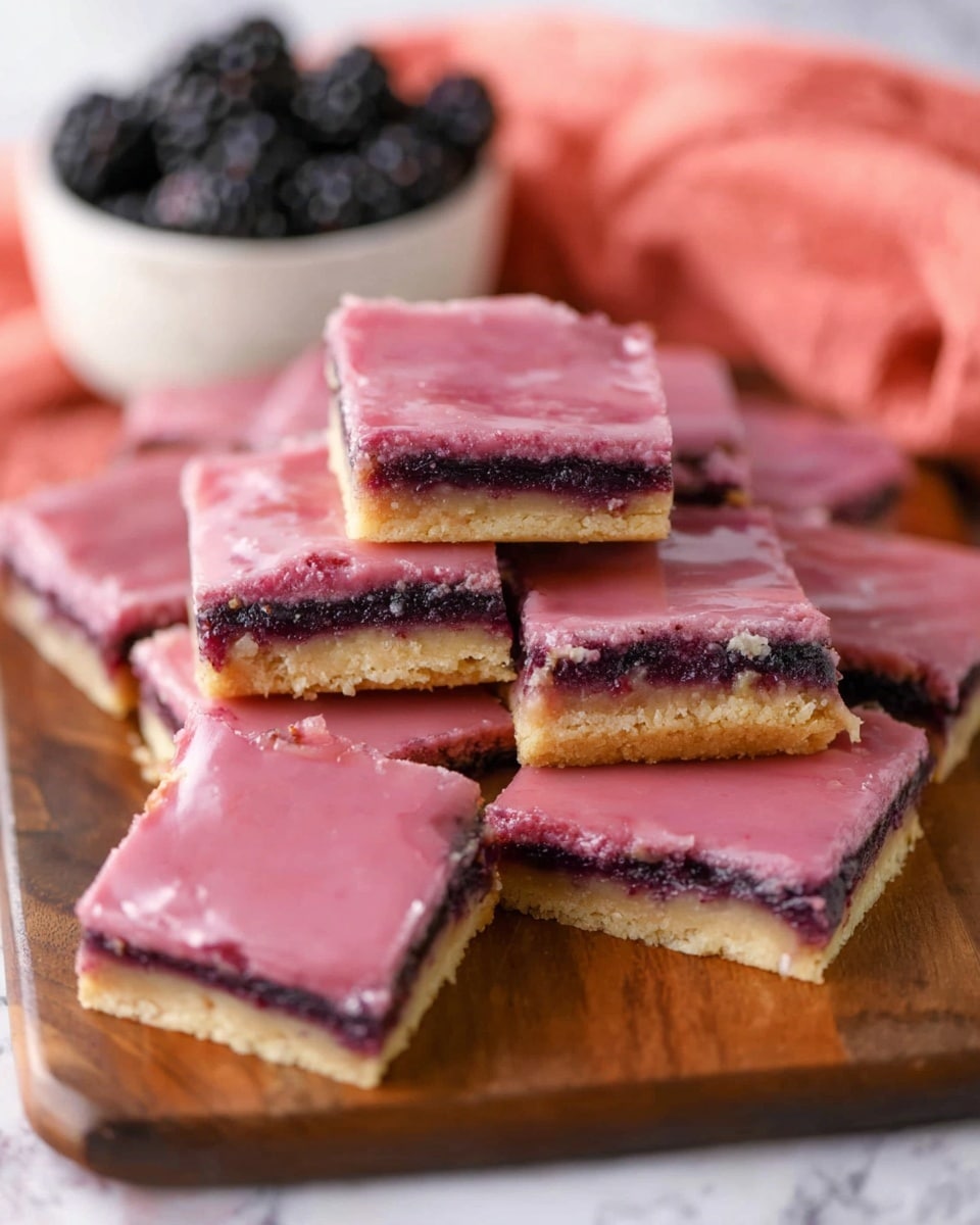 A stack of square dessert bars arranged on a wooden board, each bar showing three clear layers: the bottom layer is a light golden brown crust with a slightly crumbly texture, the middle layer is a dark purple jam-like filling that looks smooth and glossy, and the top layer is a thick, shiny pink glaze that covers the entire bar, slightly uneven in texture. One bar is tilted to show all layers clearly. In the background, there is a white bowl filled with blackberries and a folded coral cloth. The surface is a white marbled texture. photo taken with an iphone --ar 4:5 --v 7
