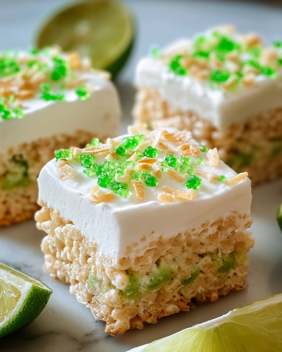 The image shows three square dessert bars placed on a white marbled surface. Each bar has two visible layers: a thick bottom layer made of a crispy, light beige rice cereal mixed with a sticky green filling, and a thick, smooth white cream layer on top. The white cream layer is garnished with small bright green sugar crystals and golden toasted coconut flakes. In the background and foreground, there are fresh lime wedges, adding a fresh green contrast to the scene. The focus is sharp on the front dessert bar, showing clear textures and colors. photo taken with an iphone --ar 4:5 --v 7