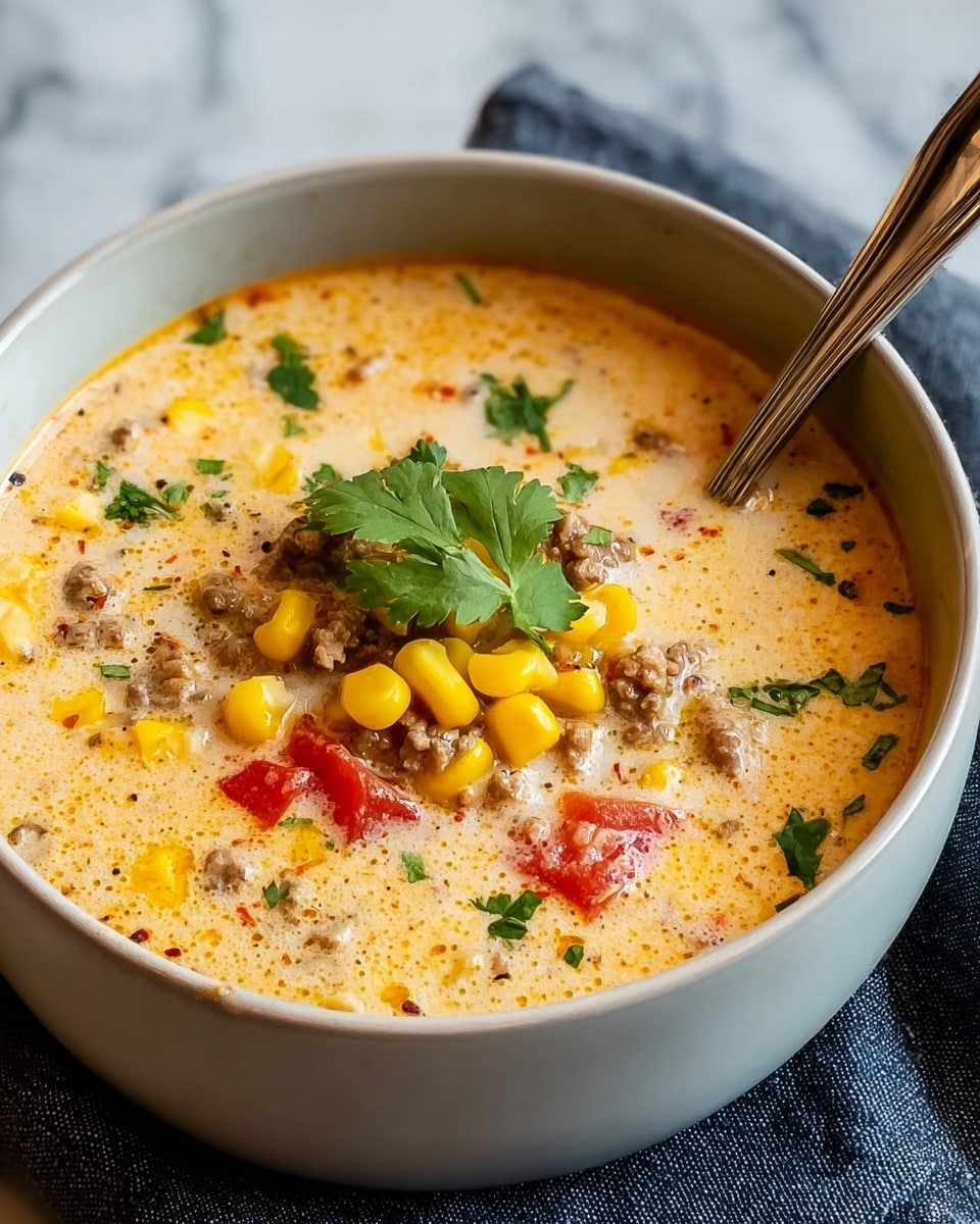 A white bowl filled with creamy soup that has a light yellow base with visible bits of orange and red from tomatoes, small yellow corn kernels, and brownish ground meat. In the center on top, there is a small cluster of bright yellow corn pieces, red tomato chunks, and brown meat, finished with a few green cilantro leaves. A silver spoon is placed inside the bowl on the right side. The bowl sits on a dark cloth on a white marbled surface. photo taken with an iphone --ar 4:5 --v 7