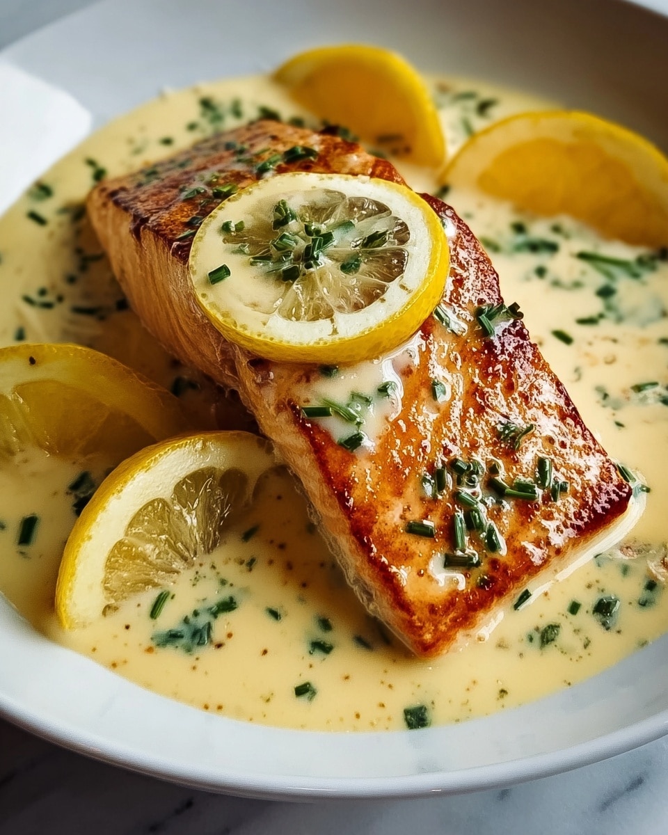 A thick, golden-brown grilled salmon fillet sits at the center of a white bowl, covered with a creamy light yellow sauce with small green herb pieces scattered throughout. A thin slice of lemon rests on top of the salmon, and three lemon wedges surround the fish in the sauce. The sauce pools at the bottom, creating a smooth, glossy texture contrasted by the salmon's slightly crispy surface. The entire dish is set on a white marbled surface. photo taken with an iphone --ar 4:5 --v 7
