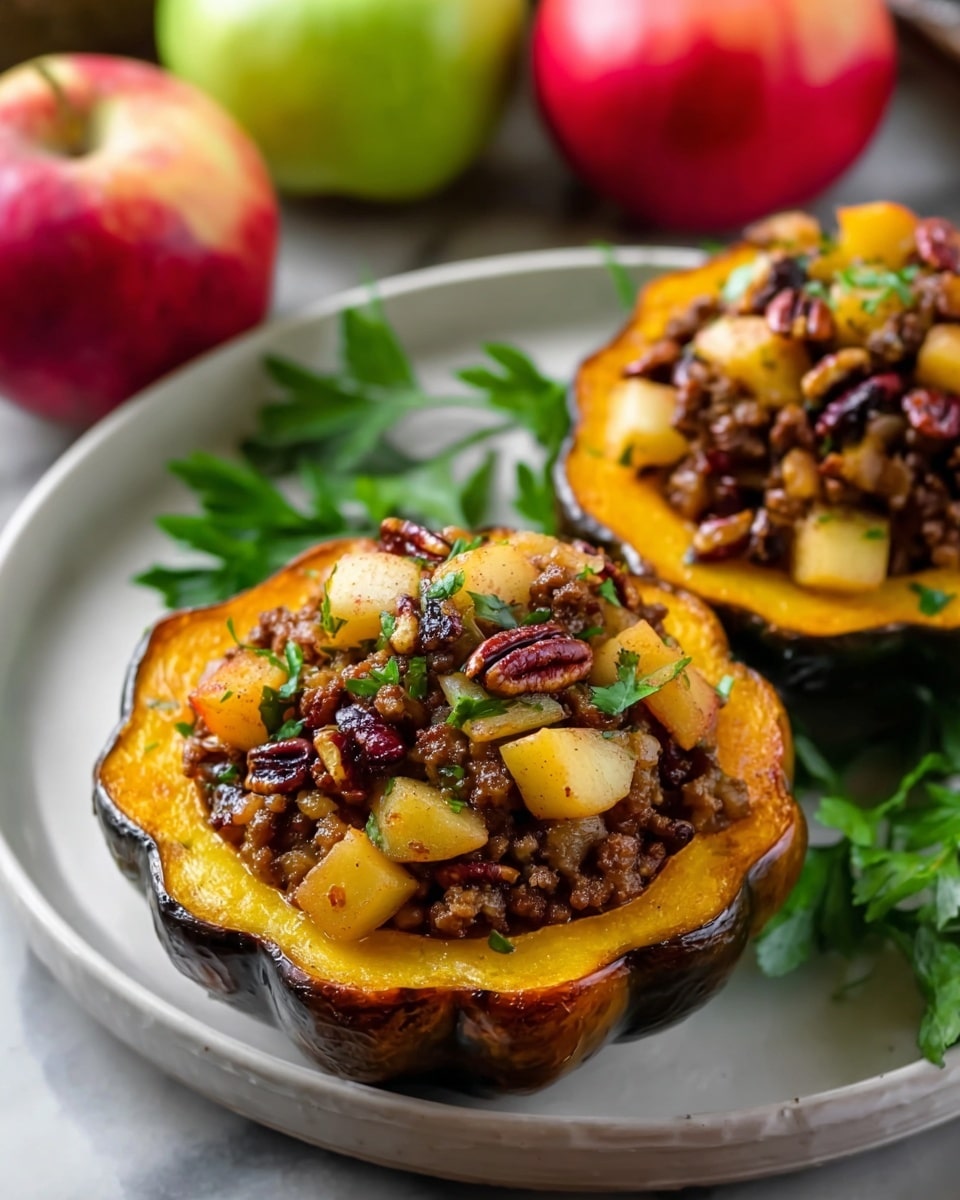 Two acorn squash halves are placed on a white plate with a white marbled background. Each squash half is filled with a colorful mixture layered in three. The bottom layer is bright yellow-orange roasted squash flesh, smooth in texture. The middle layer is a chunky brown and golden mix of cooked ground meat and diced pieces of apple or pear, with a slightly glossy appearance. The top layer includes whole dark brown pecans and fresh green parsley leaves. Around the plate, red and green apples add vibrant color to the scene. Photo taken with an iphone --ar 4:5 --v 7