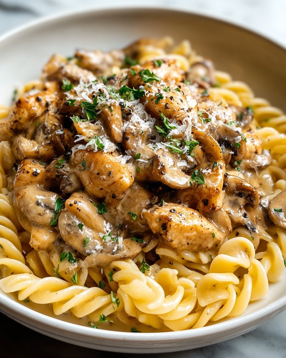 A close-up view of a white bowl filled with creamy pasta. At the bottom, there is a layer of twisted, light yellow pasta noodles. On top of the pasta, there is a thick layer of browned chicken pieces and sliced mushrooms covered in a creamy, light brown sauce with visible black pepper bits. The dish is garnished with small green parsley leaves and sprinkled with white grated cheese. The bowl is placed on a white marbled surface, and the lighting shows a soft focus giving the food a fresh, tasty look. photo taken with an iphone --ar 4:5 --v 7