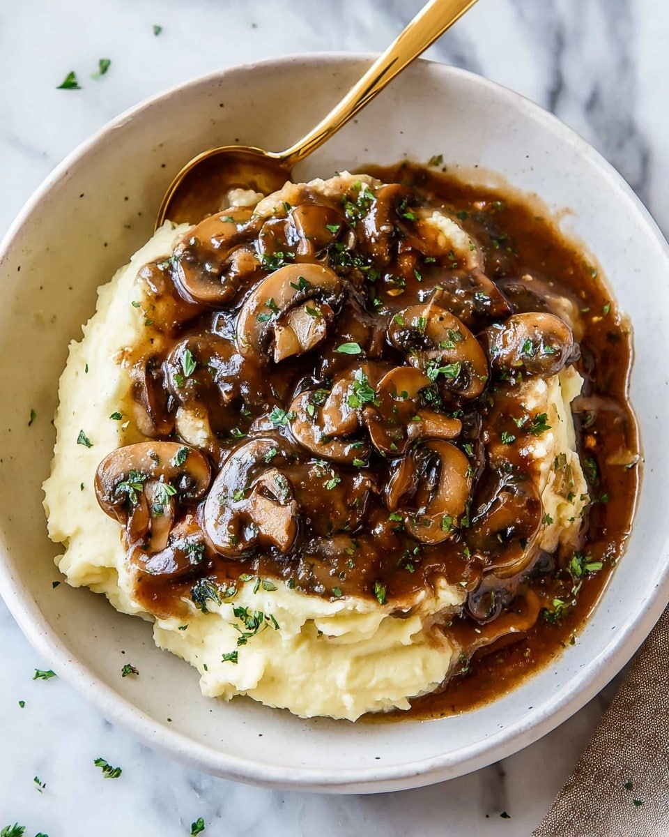 The dish is served in a shallow white bowl, showing two main layers: a smooth, creamy light beige mashed potato base with soft texture, topped by a thick, rich brown mushroom gravy layer, filled with sliced glossy mushrooms and freshly chopped green herbs scattered on top. A shiny gold spoon rests inside the bowl, leaning on the left side. The bowl sits on a white marbled surface with some small green herb pieces around it. photo taken with an iphone --ar 4:5 --v 7