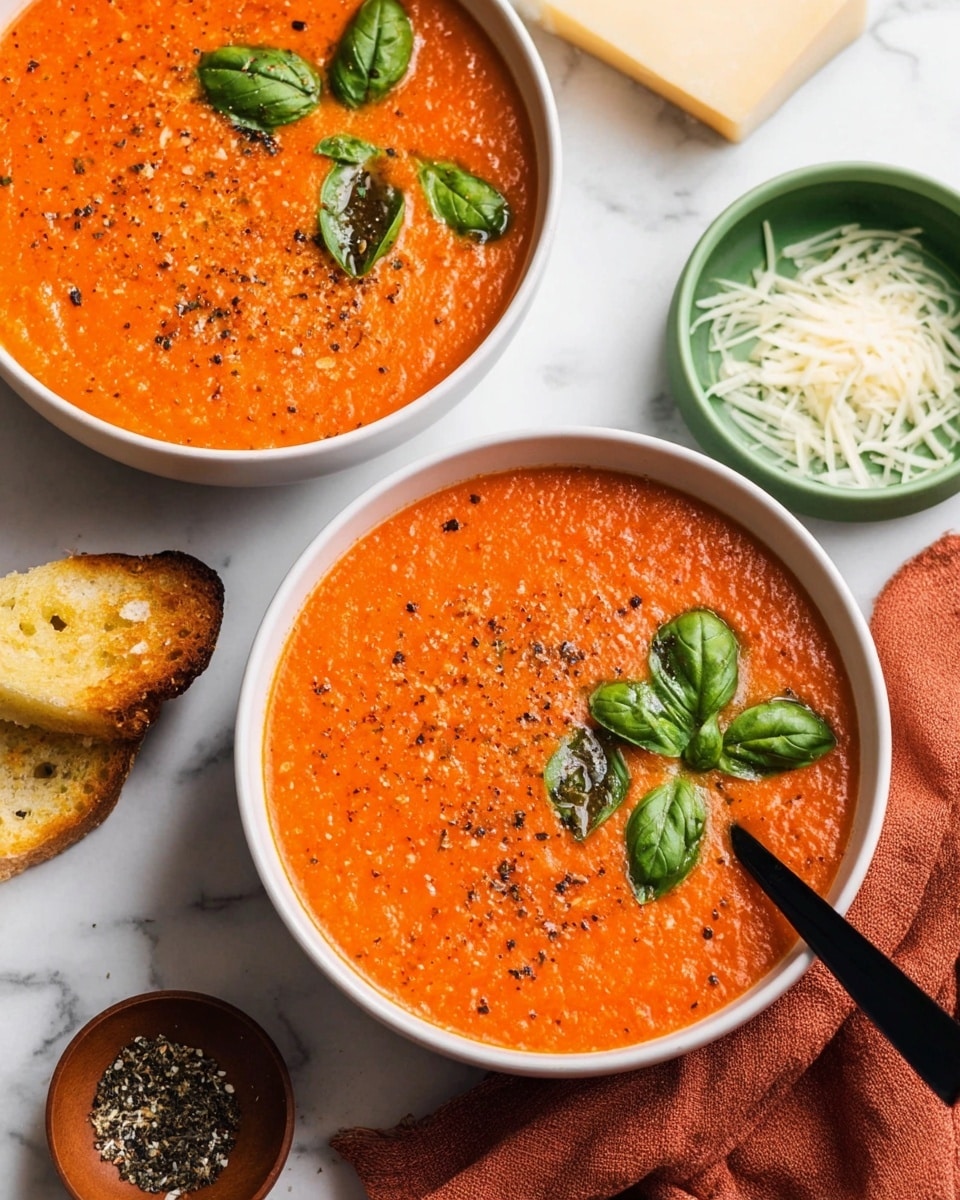 Two white bowls filled with thick, bright orange tomato soup are placed on a white marbled surface. The soup has a slightly coarse texture and is topped with fresh green basil leaves and black pepper scattered on the surface. One bowl has a black spoon resting inside it, while the other bowl has a piece of toasted bread partially dipped into the soup, also garnished with basil leaves. A green dish with shaved white cheese, a small bowl with mixed pepper, and thick pieces of pale yellow cheese are placed near the bowls. A rust-colored cloth napkin lies beside the front bowl. Photo taken with an iphone --ar 4:5 --v 7