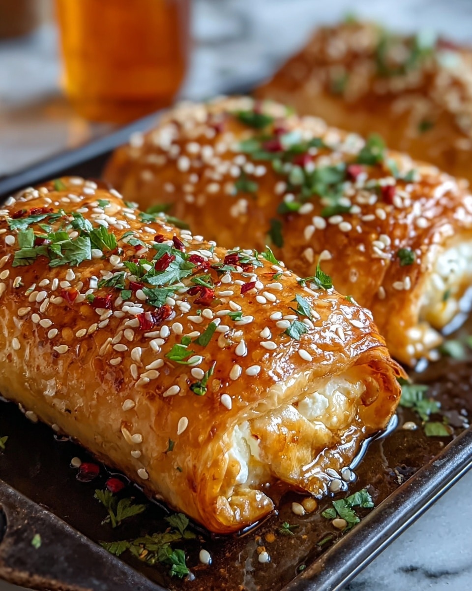 The image shows three golden brown pastry rolls arranged side by side on a dark baking tray, each roll with thin, crispy layers of shiny crust wrapped around a creamy white filling that is slightly visible at the edges. The top of the pastries is covered with a glossy layer of honey or syrup, sprinkled generously with white sesame seeds, small red chili flakes, and chopped fresh green herbs. The pastries have a textured surface with small folds and slight puffiness, resting on a small pool of syrup at the bottom. In the blurred background, part of a glass jar with amber-colored contents can be seen, all set against a white marbled texture. photo taken with an iphone --ar 4:5 --v 7
