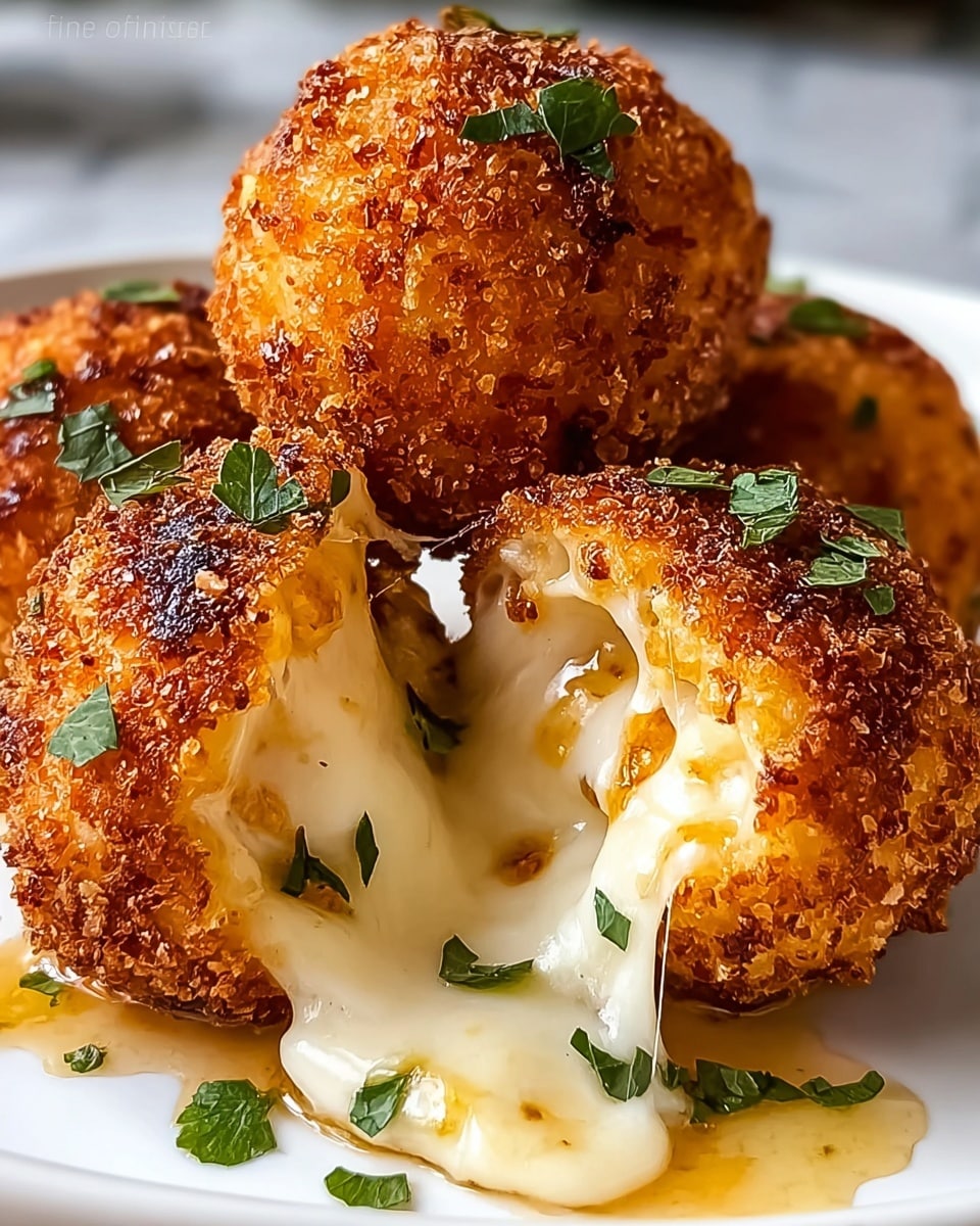 A close-up view of four golden-brown crispy fried balls on a white plate with a white marbled background, each ball has a crunchy, textured outer layer with a few green herb leaves sprinkled on top. The front ball is cut open, revealing melted gooey white cheese stretching out with soft, creamy layers inside that look smooth and slightly creamy in color, with small bits of filling visible. The arrangement shows the balls slightly overlapping, with some oil or sauce glistening on the plate beneath them. Photo taken with an iphone --ar 4:5 --v 7
