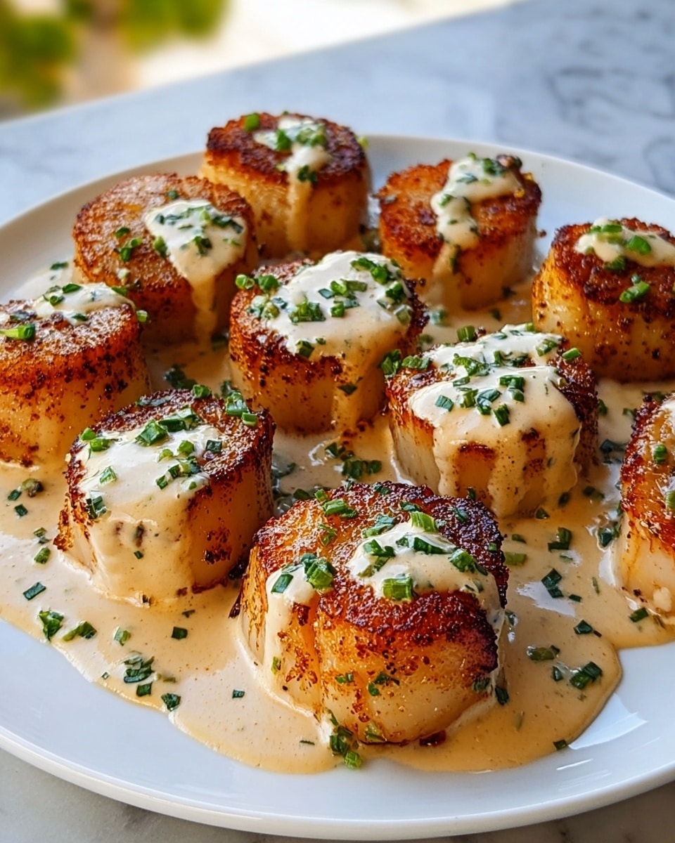 The image shows a white plate filled with several large, round scallops that have a golden-brown crust, making the outer layer look crispy. Each scallop is topped with a creamy beige sauce that lightly drips down the sides, and they are garnished with small pieces of chopped green herbs, adding a fresh touch. The plate is set against a white marbled surface. photo taken with an iphone --ar 4:5 --v 7