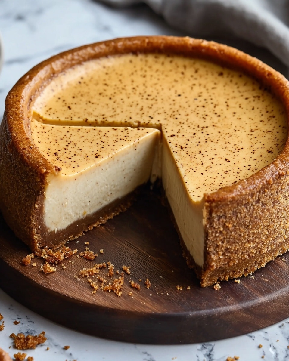 The image shows a three-layer cheesecake with one slice removed, revealing the inside. The bottom layer is a dark brown crumbly crust, thick and firm, forming the base and sides of the cheesecake. Above that is a creamy white middle layer that looks smooth and dense. The top layer is a thin, pale beige cheesecake layer sprinkled evenly with tiny dark specks, giving it a textured look. The cheesecake is on a round dark wooden board, with a few crumbs scattered around. The background has a white marbled texture with a patterned cloth nearby. photo taken with an iphone --ar 4:5 --v 7