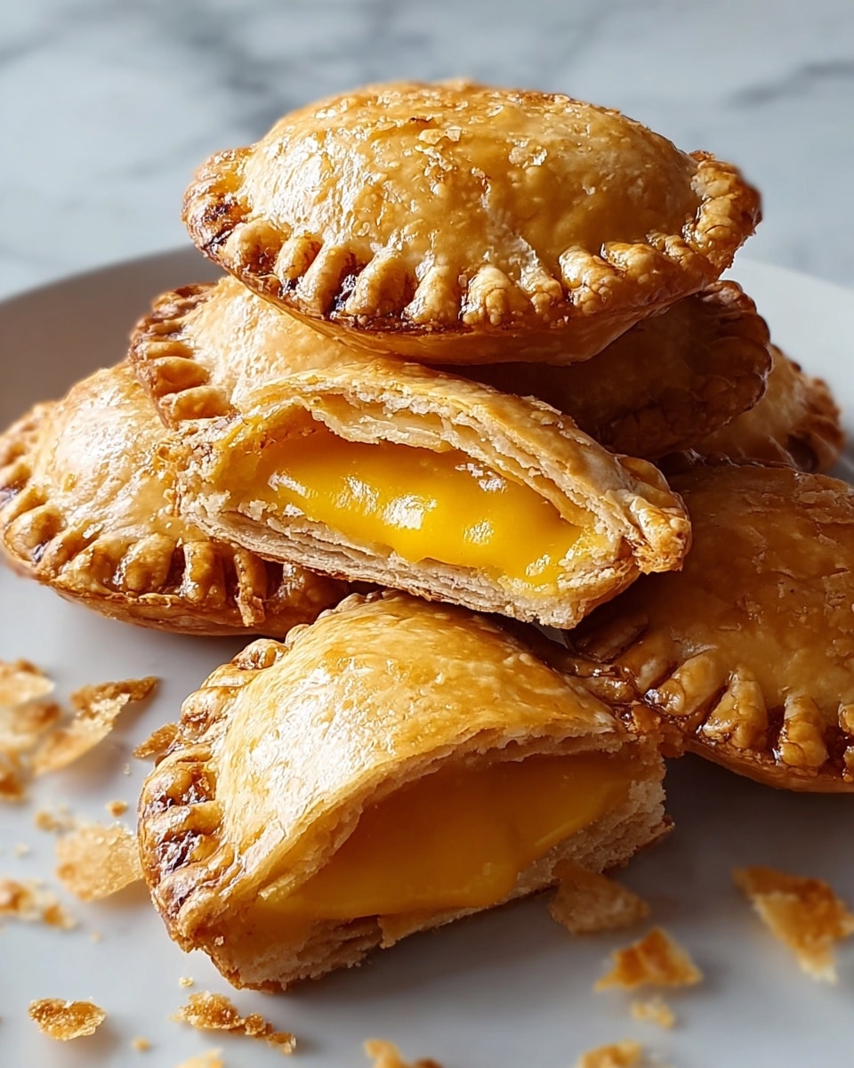 The image shows a white plate holding six golden brown, round pastries with crimped edges. Each pastry is shiny and flaky, with a visible texture of light layers on the crust. One pastry is cut in half on top, revealing a smooth, bright yellow filling inside, which looks creamy and thick. There are small crumbs scattered around the pastries on the white marbled surface beneath the plate. photo taken with an iphone --ar 4:5 --v 7