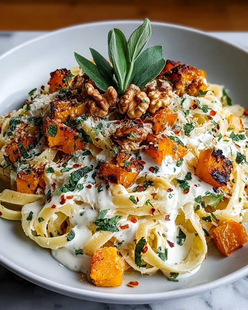 A white plate holds a nest of creamy yellow fettuccine pasta as the base layer, glistening with sauce. On top, there are bright orange, small roasted butternut squash cubes scattered evenly, some showing charred edges. Light green chopped herbs and tiny red chili flakes are sprinkled over the pasta and squash, adding a speckled effect. Drizzled thick white cream runs over the dish, pooling in spots around the noodles. Toasted brown walnuts are placed across the top, adding texture and color contrast. A fresh green sage sprig crowns the center of the dish. The plate sits on a white marbled surface. photo taken with an iphone --ar 4:5 --v 7