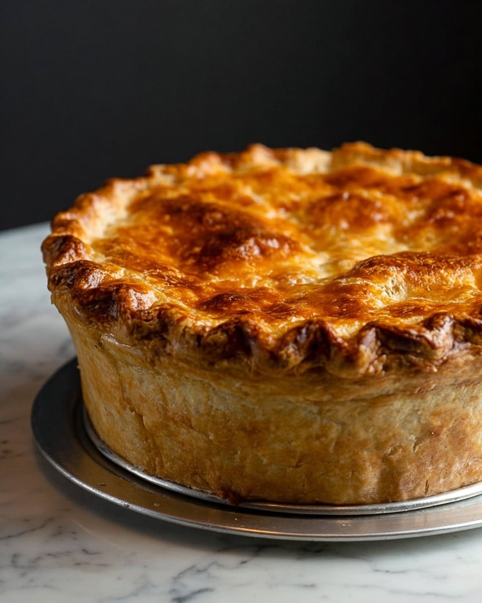 A tall, golden-brown pie with a thick, flaky crust rises about four layers high. The bottom layer is a sturdy, slightly rough brown crust forming the sides, the middle section is thick and firm, and the top layer is a shiny, uneven dome with a warm, caramelized color and crimped edges all around. The pie sits on a round silver tray placed on a white marbled surface with a dark background. Photo taken with an iphone --ar 4:5 --v 7