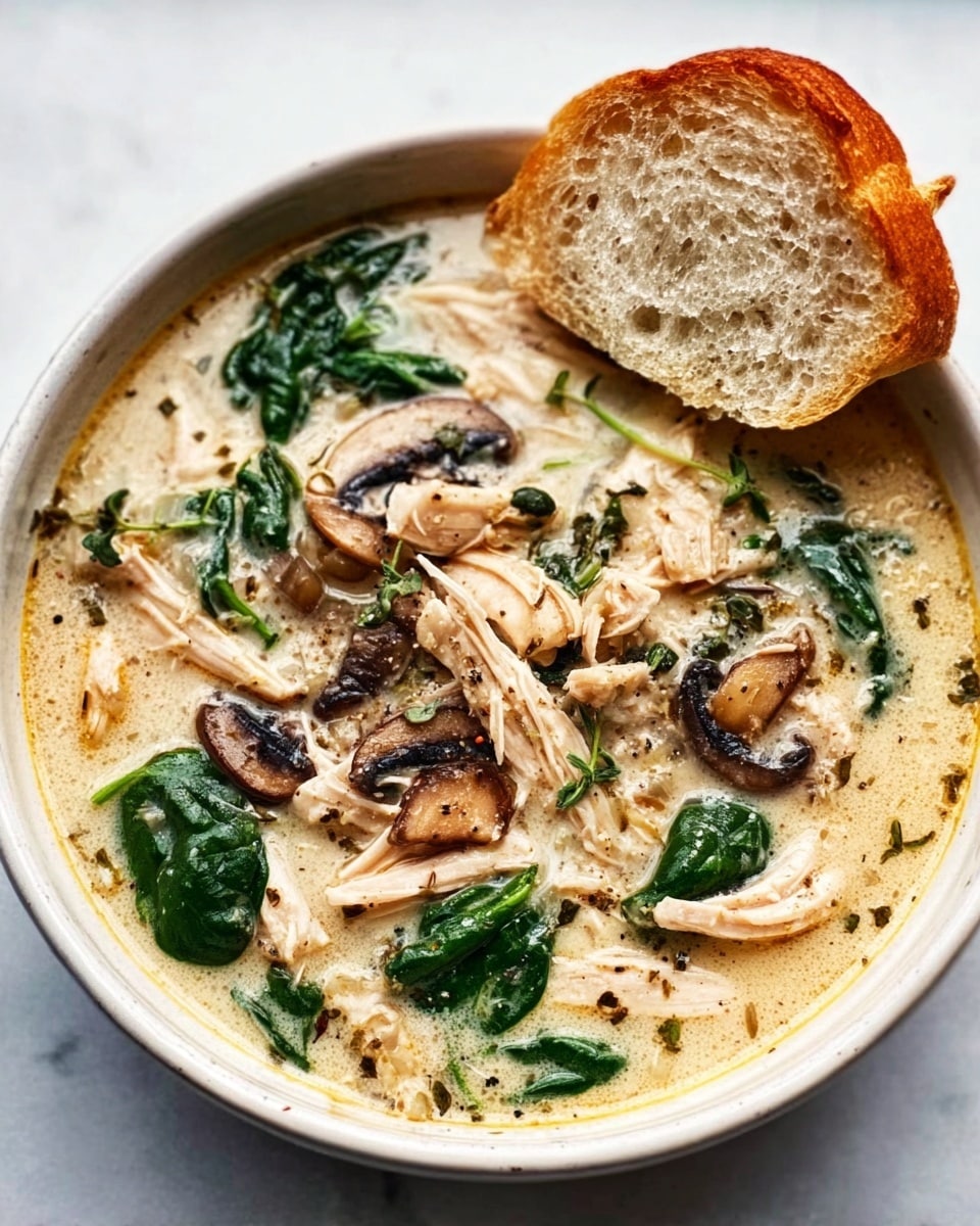 A white bowl filled with creamy soup featuring visible slices of brown mushrooms and vibrant green spinach leaves floating on the surface. Shredded pieces of light-colored chicken are scattered throughout the soup, which has a smooth, slightly thick texture with hints of herbs sprinkled on top. A slice of crusty white bread with a golden-brown edge rests on the bowl's rim. The bowl is placed on a white marbled texture surface. Photo taken with an iphone --ar 4:5 --v 7