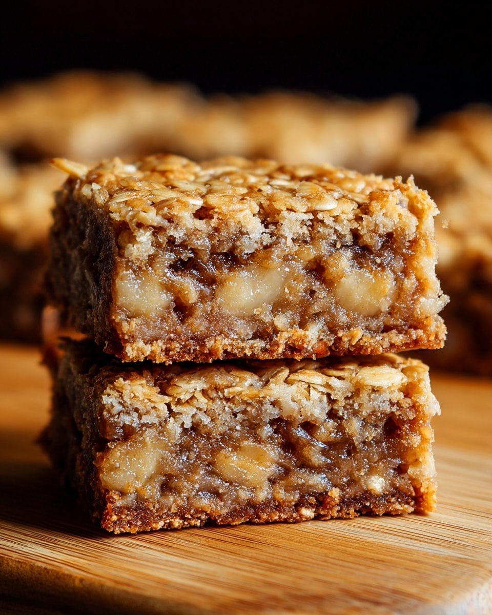 A close-up view of two stacked bars showing three visible layers: the top layer is a rough, golden-brown oat crust with a slightly crunchy texture, the middle layer is thick with a mix of soft, light brown banana pieces and a sticky, moist mixture, and the bottom layer is a darker baked oat base with a firm texture; the bars rest on a light wooden surface with blurred bars in the dark background, all under warm lighting. photo taken with an iphone --ar 4:5 --v 7