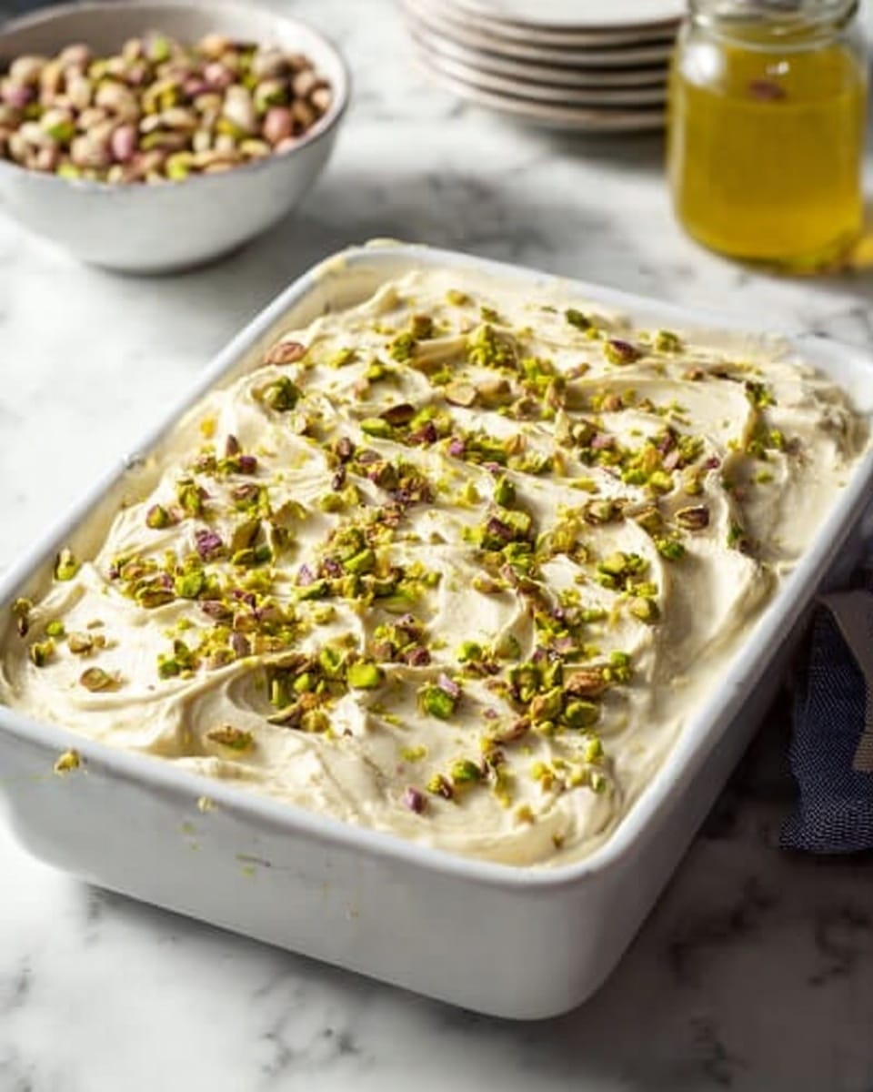 A white rectangular baking dish filled with a thick, creamy light beige dessert topped generously with chopped green and brown pistachios spread evenly across the surface. The creamy layer has a soft, whipped texture with swirls and peaks. In the background on a white marbled surface, there is a white bowl filled with more pistachios and a glass jar with a yellow sauce or condiment beside it. The lighting is natural, highlighting the smooth creamy texture and colorful nuts on top. Photo taken with an iphone --ar 4:5 --v 7