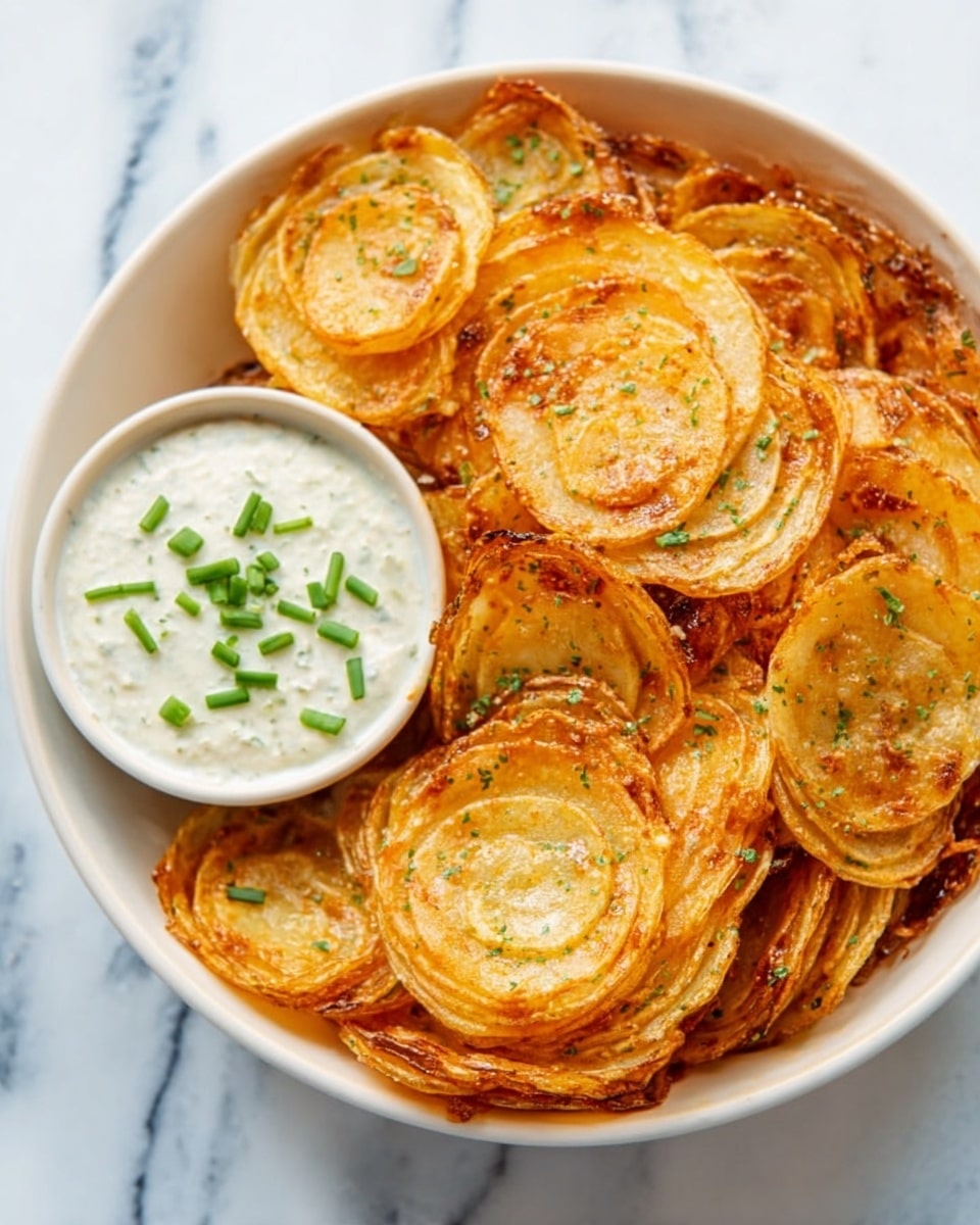 The image shows a white plate filled with crispy, golden-brown potato pancakes stacked slightly overlapping. The pancakes have a crunchy, textured surface with visible onion slices caramelized on top. Next to the plate, there is a small white bowl of creamy white sauce sprinkled with red chili flakes. The background is a white marbled surface. photo taken with an iphone --ar 4:5 --v 7