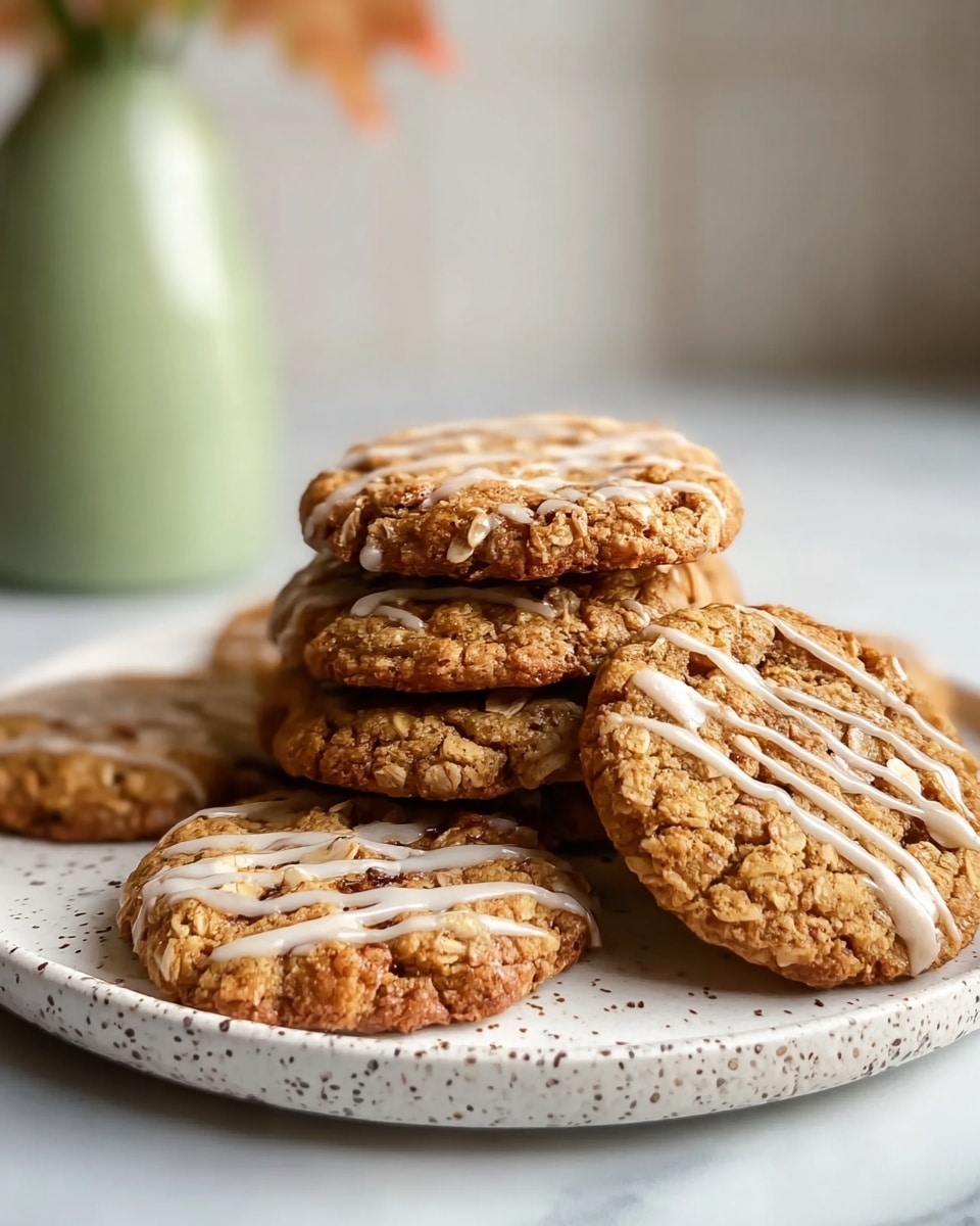 A white speckled plate holds a stack of six golden brown oatmeal cookies. The cookies have a rough, crumbly texture with visible oats, and a few are drizzled with thin white icing lines across their tops. The cookies are arranged in a slight pile, with some overlapping. The background shows a blurred vase with green stems on a white marbled surface. photo taken with an iphone --ar 4:5 --v 7