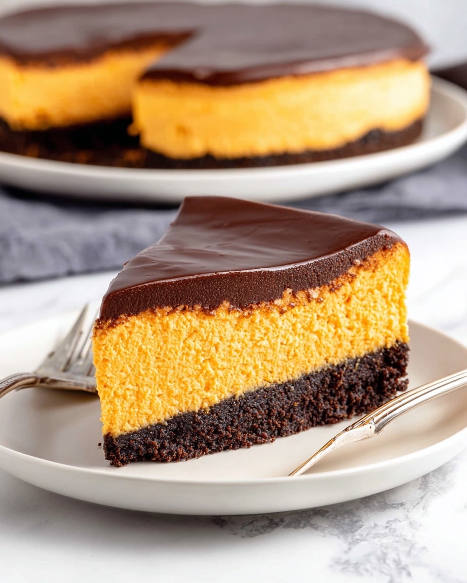 A slice of cheesecake with three layers sits on a white plate with a silver fork beside it, placed on a white marbled surface. The bottom layer is dark brown and crumbly, appearing smooth and dense like a chocolate cookie crust. The middle layer is thick and bright orange, with a creamy and slightly textured look, filling most of the slice. The top layer is a smooth and glossy dark chocolate ganache, thinly spread and evenly covering the orange cheesecake. In the background, part of the whole cheesecake with the same three layers is visible on a white plate, slightly out of focus. Photo taken with an iphone --ar 4:5 --v 7
