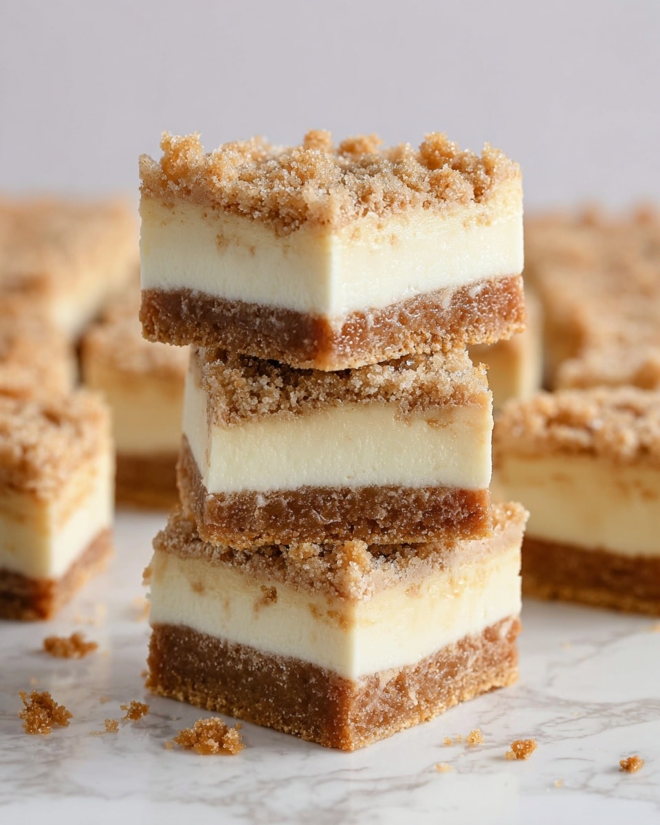 A stack of four square dessert bars is shown on a white marbled surface. Each bar has three distinct layers: the bottom layer is a light brown crumbly base, the middle layer is a thick, smooth white cream-like filling, and the top layer is a crumbly topping of a slightly darker brown color with sugar crystals visible. The bars are neatly cut, and some crumbs are scattered around them on the surface. In the background, more bars lie flat with a similar texture and layering. Photo taken with an iphone --ar 4:5 --v 7