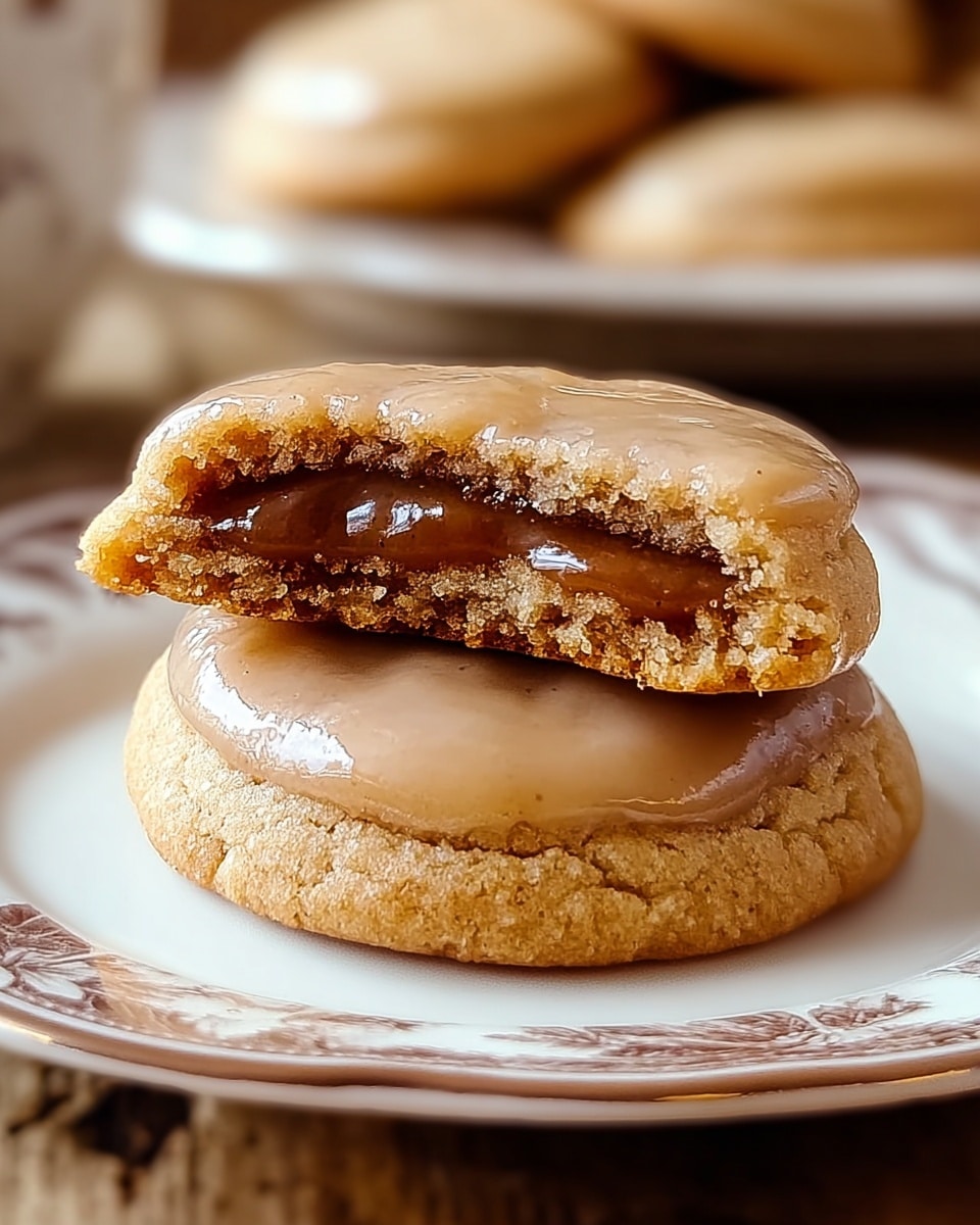 Two round cookies sit stacked on a white plate with a brown floral border, placed on a white marbled surface. The bottom cookie is whole with a golden-brown baked texture, while the top cookie is broken in half, showing a shiny, sticky brown filling inside. The top cookie's surface has a shiny glaze with a smooth texture that reflects light softly, adding to the moist look of the filling beneath. In the background, out of focus, more cookies on a white plate can be seen. photo taken with an iphone --ar 4:5 --v 7