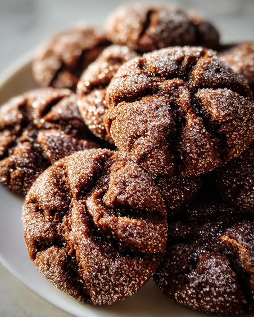 The image shows several dark brown cookies piled on a white plate, each cookie covered in a layer of coarse sugar crystals that shine in the light. The cookies have deep cracks and ridges creating a textured surface, with a slightly rough and sugary look. The plate is resting on a white marbled surface, giving a clean and bright background that highlights the rich color and texture of the cookies. The close-up view emphasizes the sugar crystals and the detailed folds on the cookies, making them look fresh and inviting. photo taken with an iphone --ar 4:5 --v 7