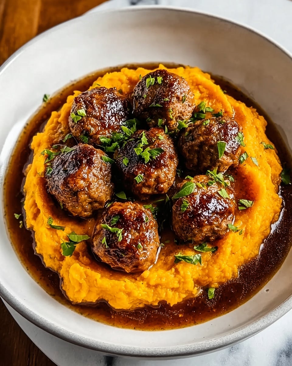 A white bowl holds a base layer of smooth, bright orange mashed sweet potatoes spread evenly across the bottom. On top, there are seven browned meatballs arranged in a small cluster, each with a slightly shiny, caramelized surface texture. A rich, dark brown sauce pools around the edges of the mashed sweet potatoes, adding depth to the presentation. The dish is finished with small sprinkles of fresh green herbs scattered over the meatballs for color contrast. The bowl sits on a white marbled surface with soft, natural light highlighting the textures. Photo taken with an iphone --ar 4:5 --v 7