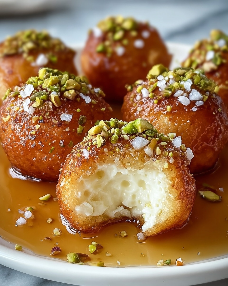 A close-up view of round golden brown fried balls on a white plate, each topped with crushed green pistachios and small white sugar crystals. One ball is bitten into the front, showing a creamy white filling inside with a soft, slightly crumbly outer layer. The balls sit on a light brown syrup that is drizzled around them, adding a shiny texture to the scene. The background has a white marbled texture, enhancing the warm colors of the dessert. photo taken with an iphone --ar 4:5 --v 7