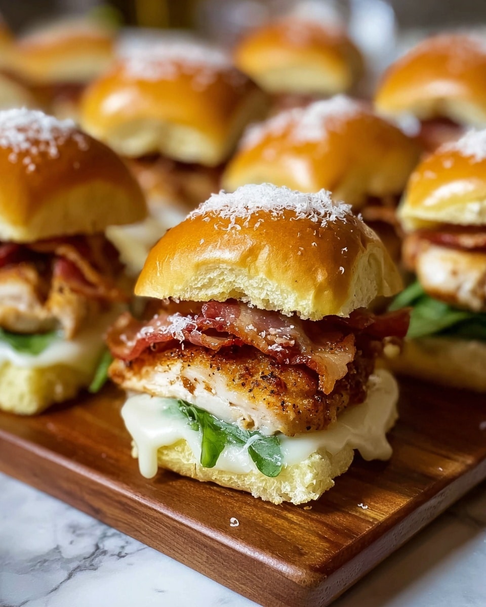 This image shows a close-up of several small sandwiches arranged on a brown wooden board placed on a white marbled surface. Each sandwich has three main layers inside a shiny, golden-brown, soft bun. The bottom layer is white melted cheese, followed by a green leafy vegetable peeking out, then a thick, seasoned, golden-brown grilled chicken breast. Above the chicken is crispy, reddish-brown bacon, and the top bun is slightly glossy and sprinkled with white grated cheese. The focus is on one sandwich in the front, with more sandwiches blurred in the background. Photo taken with an iphone --ar 4:5 --v 7