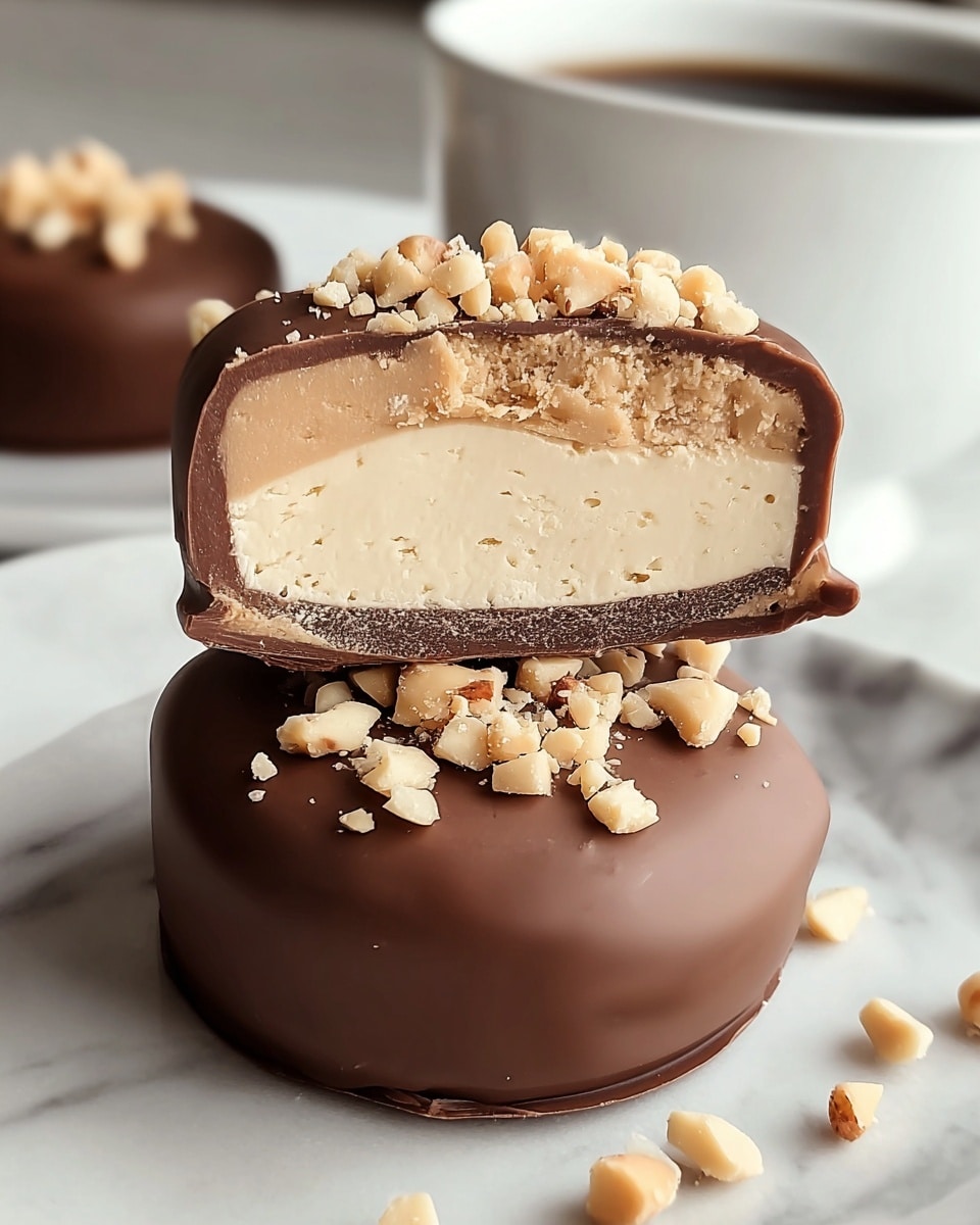 The image shows two round chocolates stacked on a white marbled surface, with the top one cut in half revealing three layers: a smooth milk chocolate outer shell, a thick creamy beige center, and a thin dark chocolate base layer. Both pieces are sprinkled on top with small light tan crunchy bits that add texture, scattered unevenly. In the background, there is a white cup with a dark liquid, softly blurred, enhancing the focus on the chocolates. The lighting is soft and natural, highlighting the smooth and creamy textures of the treat. Photo taken with an iphone --ar 4:5 --v 7