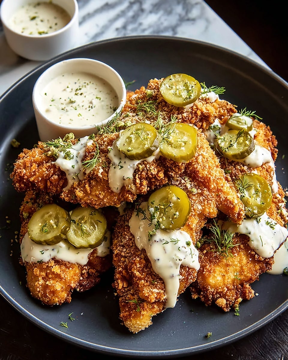 A dark gray plate holds a pile of six crispy golden-brown fried chicken tenders with a textured, crunchy coating. The tenders are topped and scattered with thin, round slices of bright green pickles and drizzled with creamy white sauce that has specks of green herbs. Some fresh green dill is sprinkled on top for garnish. To the upper left, a small white bowl with creamy sauce is partially visible, sitting on a white marbled surface. photo taken with an iphone --ar 4:5 --v 7