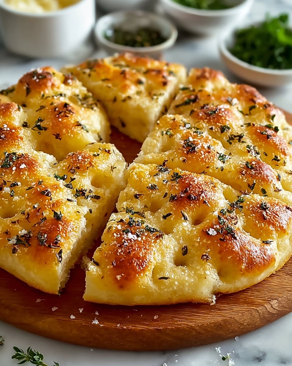 A round focaccia bread on a wooden board, with a soft golden crust that is puffed into small, uneven mounds forming about three layers of texture; the top layer is brushed with oil and sprinkled with coarse salt, dried herbs, and small green thyme sprigs scattered on it. One slice is cut and slightly pulled out, showing the fluffy inside with a pale yellow color and airy texture. The surface around is white marbled. Photo taken with an iphone --ar 4:5 --v 7
