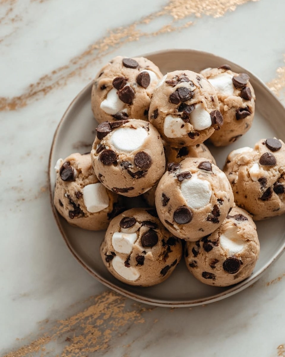 A round white plate holds several small, round cookie dough balls, each filled with chunks of white marshmallows and dark brown chocolate chips. The dough itself is light brown with a slightly speckled texture. The marshmallows are partly embedded and visibly soft, while the chocolate chips sit on top creating a contrast of dark and light spots on the dough surface. The background features a white marbled texture with patches of gold veining. photo taken with an iphone --ar 4:5 --v 7