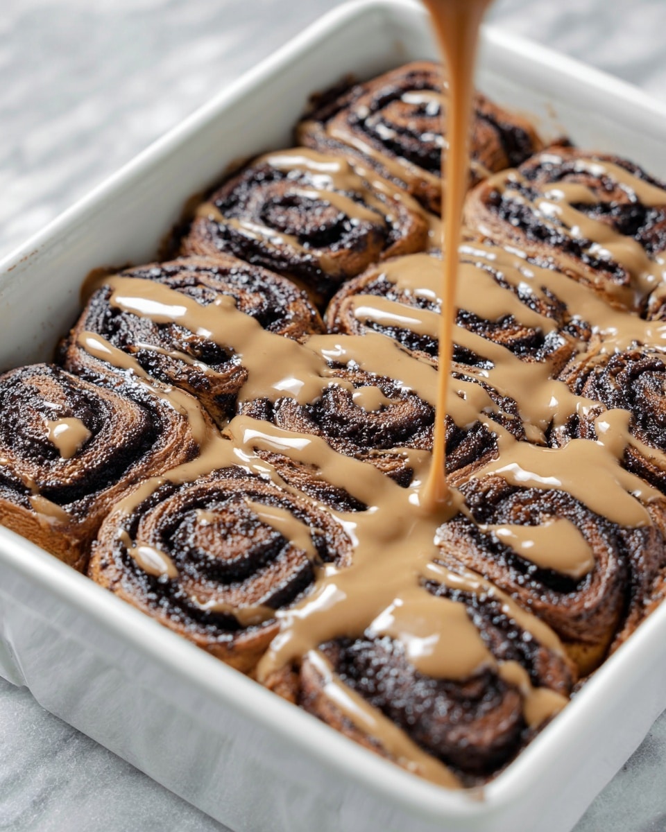 A white square baking dish filled with dark chocolate rolls arranged tightly in a single layer. The rolls have a textured, swirled surface with visible darker chocolate streaks. A smooth, light brown creamy sauce is being drizzled evenly over the top from above, creating thin flowing lines and pools over the rolls. The dish sits on a white marbled surface with a soft blurred background. Photo taken with an iphone --ar 4:5 --v 7
