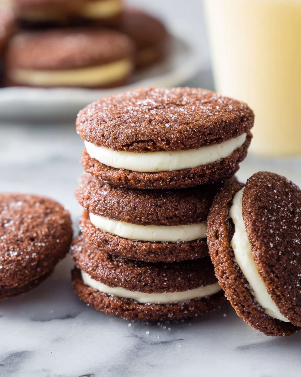 A close-up view of four sandwich cookies stacked on a white marbled surface, each cookie consisting of two rough-textured, dark brown layers with visible sugar crystals on the top, and a smooth, thick white cream filling in the middle layer. The cookies display a slightly cracked surface with a soft, chewy appearance. In the blurred background, there is a glimpse of a white plate holding more cookies and a partially visible glass with a creamy yellow drink. photo taken with an iphone --ar 4:5 --v 7