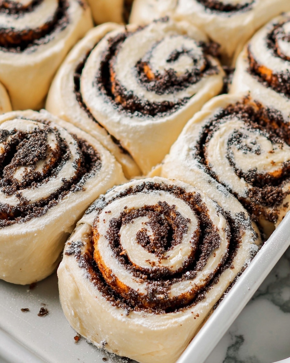 The image shows several unbaked cinnamon rolls closely packed together. Each roll has a soft beige dough forming the base and outer layers, with multiple spiral layers visible. The inner spiral layers are coated with a dark brown, grainy cinnamon and sugar mix, creating a strong contrast between the smooth dough and the textured filling. The rolls appear slightly dusted with flour, and the surface they are on is white marbled in texture. photo taken with an iphone --ar 4:5 --v 7