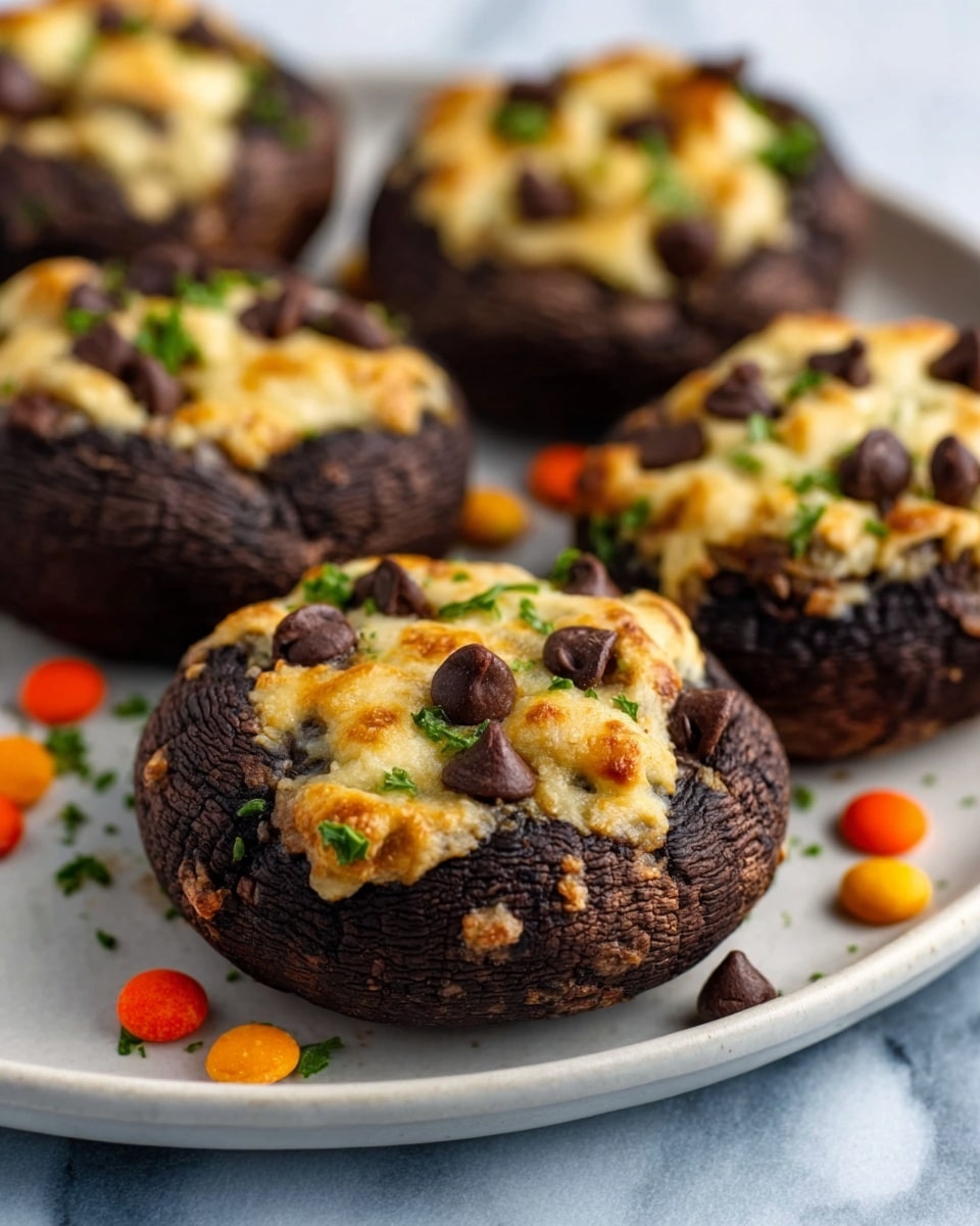 Four stuffed mushrooms sit on a white plate against a white marbled surface. Each mushroom has a thick, dark brown cap base with a rough texture. On top of each cap is a generous layer of creamy, golden brown cheese that looks baked and slightly crispy. The cheese layer is thick, soft and lightly browned with an uneven texture. Fresh green parsley pieces are sprinkled over the cheese and around the plate for garnish. The photo taken with an iphone --ar 4:5 --v 7