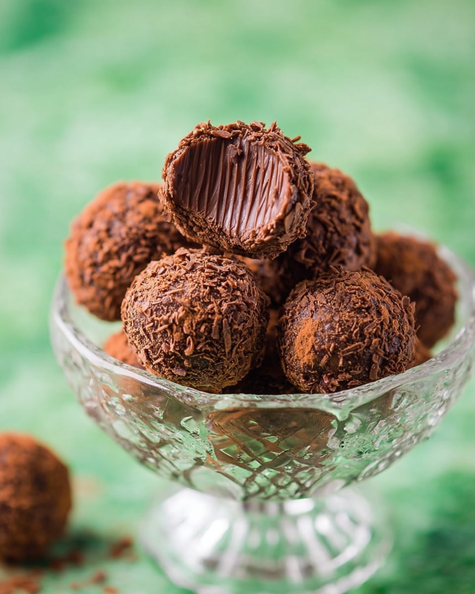 A clear glass bowl filled with round chocolate truffles textured with rough chocolate shavings on the outside; one truffle placed on top is bitten, showing a smooth, creamy, dark brown chocolate center with slight ridges inside, while the rest of the truffles beneath keep their textured exteriors; the background is a soft green blurred area giving focus to the bowl of truffles, all set on a white marbled texture surface. photo taken with an iphone --ar 4:5 --v 7