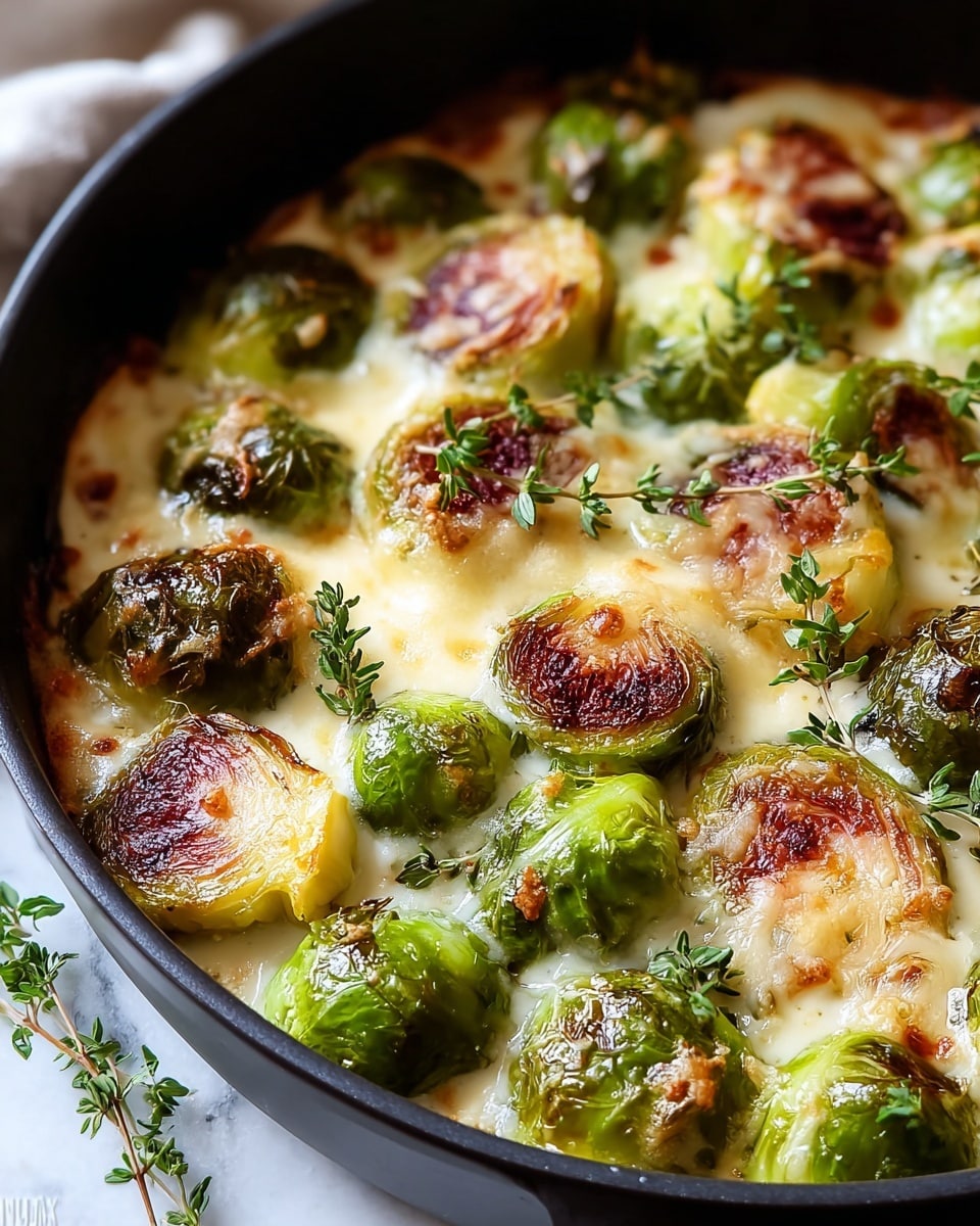 A close-up view of a cooked dish in a black skillet, showing about two layers of halved Brussels sprouts with browned and crispy tops in bright green and golden yellow shades. The sprouts are covered in a creamy, melted cheese sauce with a smooth white texture and hints of light browning around the edges. Scattered fresh green thyme sprigs rest on top, adding contrast and freshness. The skillet sits on a white marbled surface with soft natural light highlighting the rich textures. Photo taken with an iphone --ar 4:5 --v 7