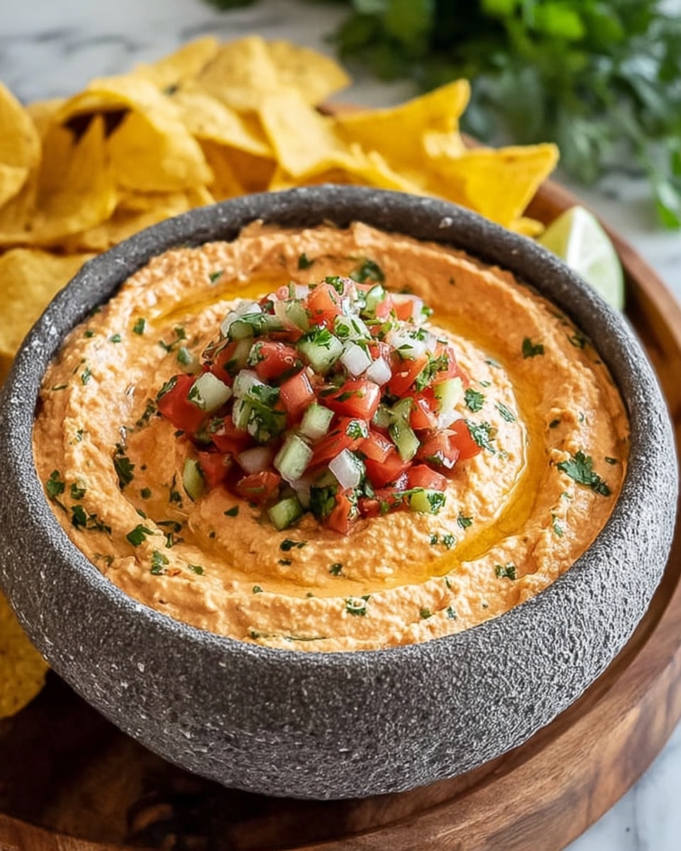 A bowl filled with creamy hummus that is light orange in color with small green herb pieces mixed in, topped with a fresh salsa made of finely diced red tomatoes, green cucumbers, white onions, and dark green cilantro leaves, giving a colorful contrast. The bowl is gray and rough-textured, resting on a wooden round board, with yellow tortilla chips placed behind it. The scene is set on a white marbled surface with some green leafy herbs blurred in the background. photo taken with an iphone --ar 4:5 --v 7