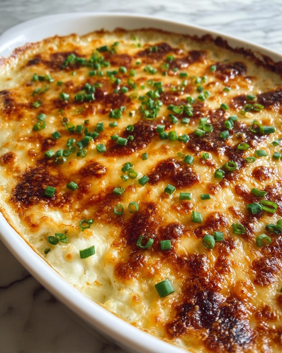 A close-up view of a baked dish in a white oval baking dish, showing a top layer that is golden brown and bubbly with spots of darker caramelization, giving a textured and slightly crispy look; scattered evenly across this cheesy top are small, fresh green chive pieces, adding a pop of color; beneath the browned cheese top, you can see a creamy white layer that appears smooth and rich, filling the dish fully to the edges; the dish is sitting on a white marbled textured surface. photo taken with an iphone --ar 4:5 --v 7