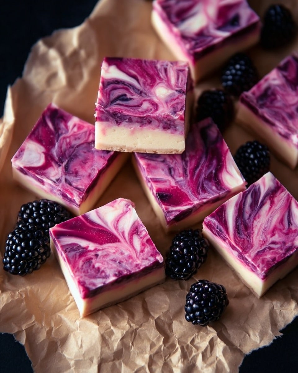 The image shows a stack of three square dessert bars with two distinct layers: a thick, dark brown moist brownie base on the bottom and a creamy white cheesecake layer on top, which is swirled with bright pink berry sauce creating a marbled effect. Around the stacked bars lie whole shiny blackberries and more dessert squares, all placed on a piece of parchment paper resting on a white marbled surface. The background is black, making the colors of the dessert and berries pop vividly. photo taken with an iphone --ar 4:5 --v 7