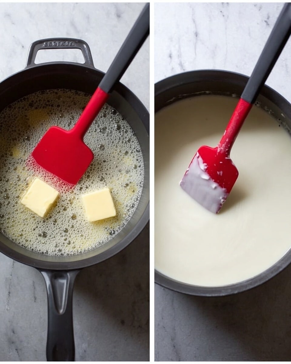 Two side-by-side images show stages of cooking. The left image shows a black pot with melted butter, with two yellow butter pieces partially melted in bubbling liquid at the bottom. A red spatula with a black handle rests inside the pot on the left. The right image shows another black pot on a white marbled surface filled with a smooth, thick white sauce. The same red spatula with a black handle is dipped into the sauce, with some sauce on the spatula's edges. Photo taken with an iphone --ar 4:5 --v 7