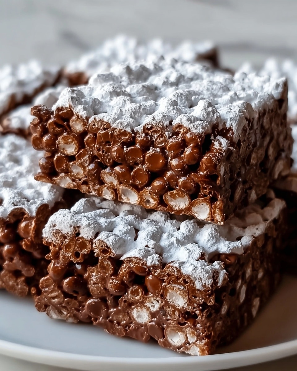 The image shows a close-up of two stacked chocolate rice crispy treats dusted with white powdered sugar on top, creating a snowy effect. The treats have a deep brown, sticky texture with visible round puffed rice pieces and melted milk chocolate chips mixed throughout. Each bar is about two layers thick, with the top layer slightly oozing melted chocolate along the edges. The bars are placed on a white plate, against a white marbled background. Photo taken with an iphone --ar 4:5 --v 7