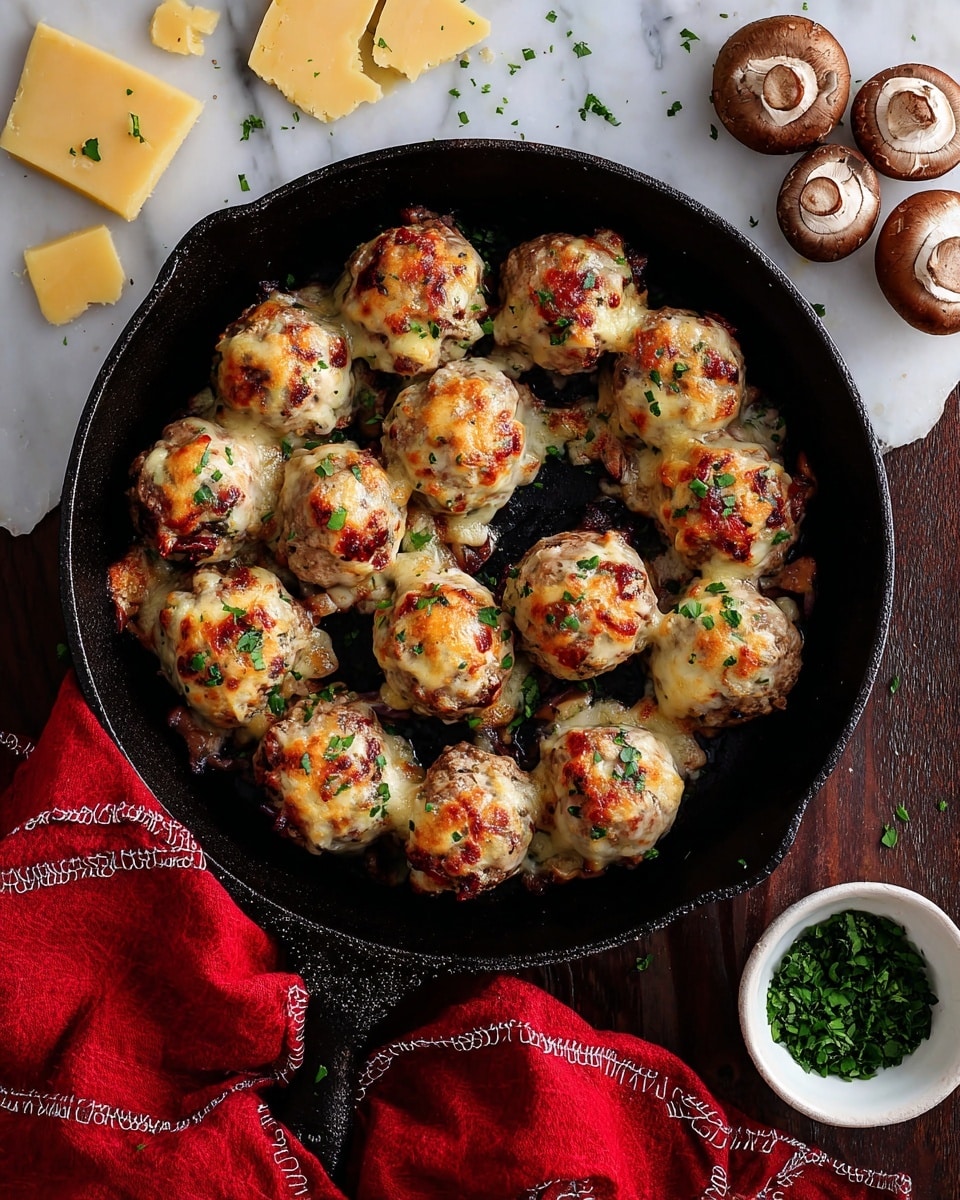 A black cast iron pan filled with about sixteen small round meatballs, each topped with melted golden-brown cheese and sprinkled with green herbs. The meatballs have a slightly browned, crispy texture on top and a light beige base with visible bits of diced bacon or mushroom. The pan rests on a white marbled surface with scattered shards of pale yellow cheese and several whole brown mushrooms at the top right. A white bowl with chopped green herbs sits in the bottom right, while a red cloth with white stitching is draped partially under the pan. Photo taken with an iphone --ar 4:5 --v 7